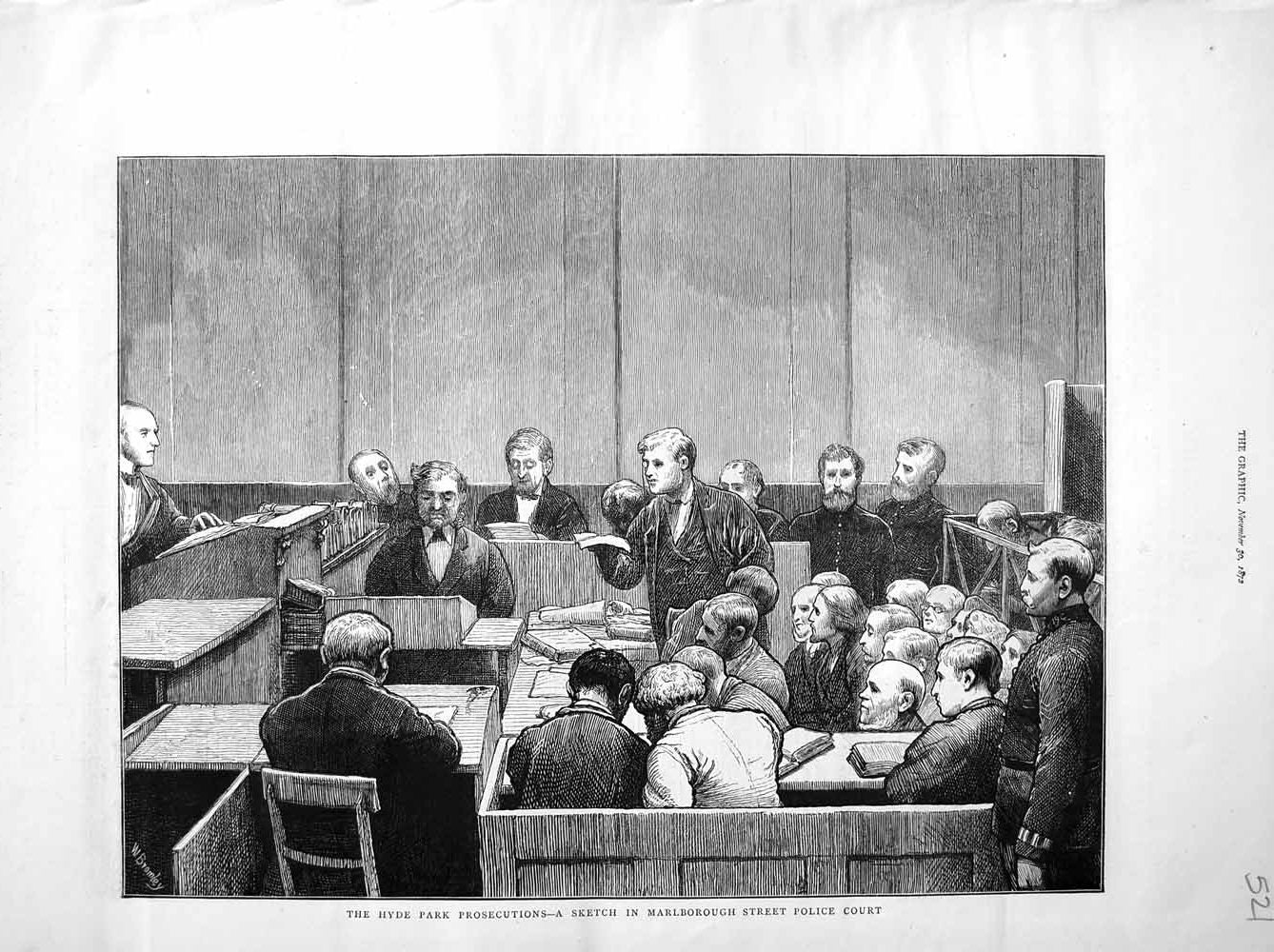 Original Old Antique Print 1872 Hyde Park Marlborough Street Police Court Scene