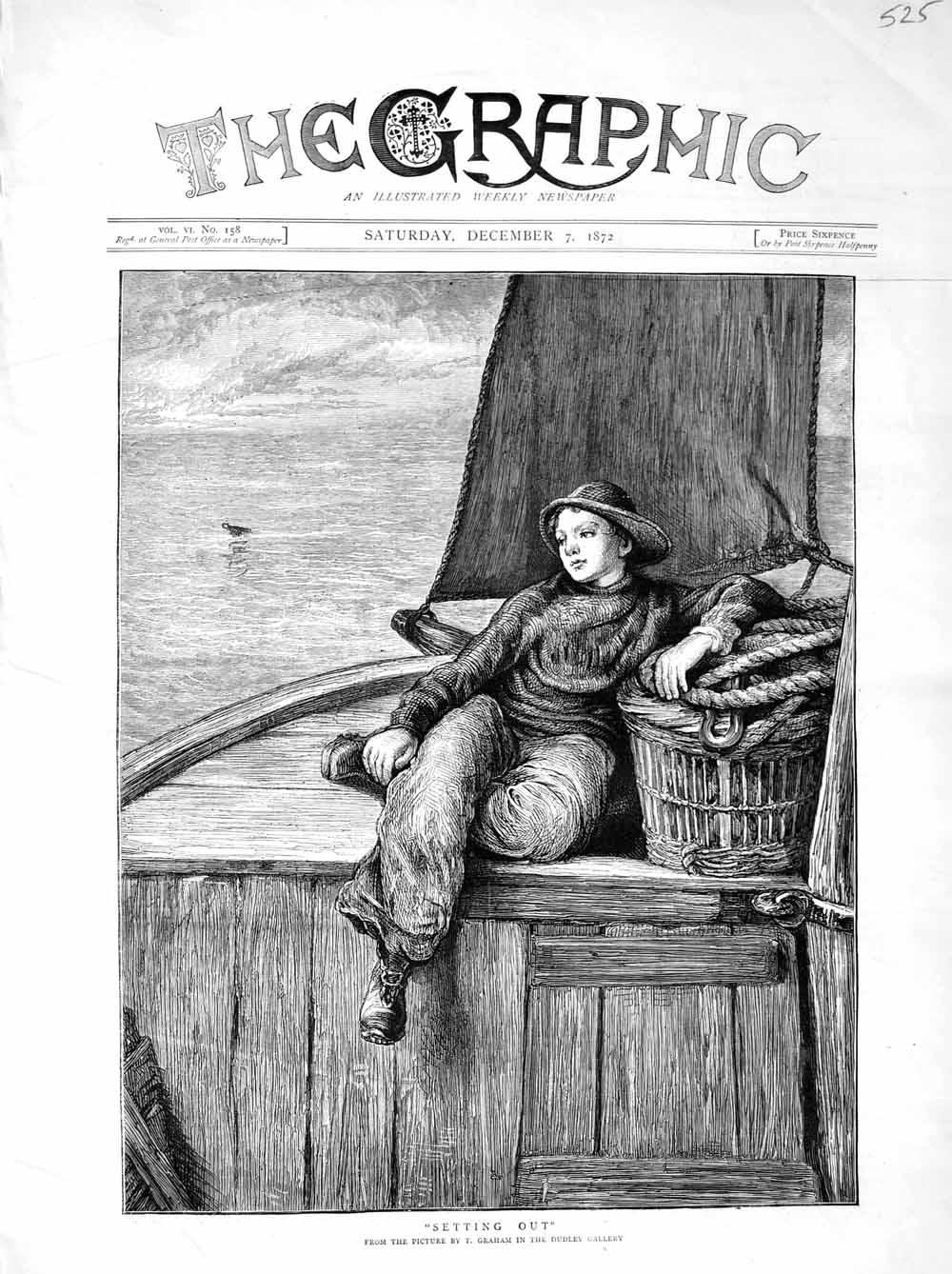 Original Old Antique Print 1872 Dudley Gallery Young Boy Fishing Boat Basket