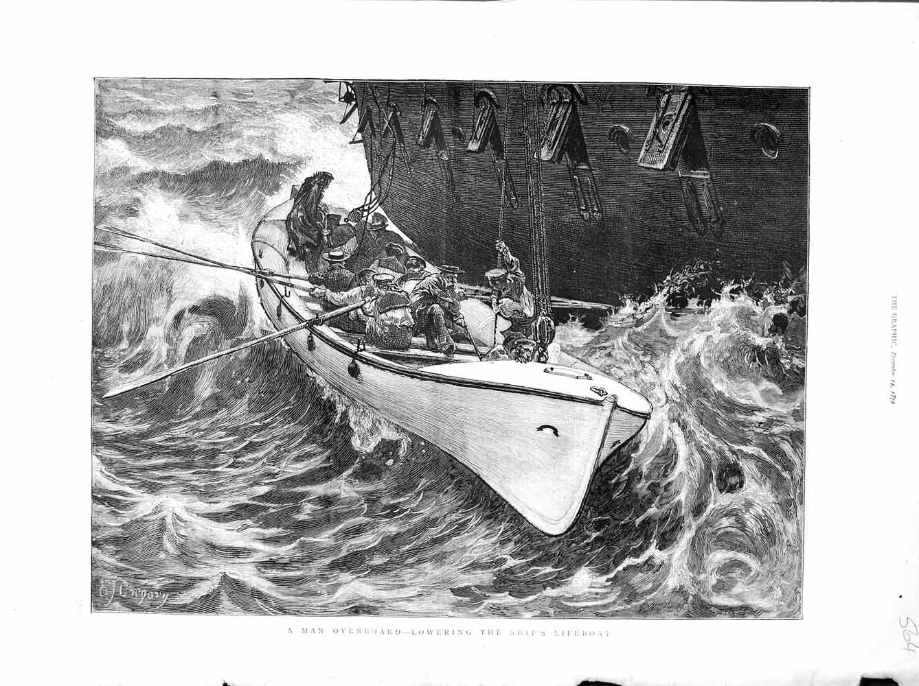 Original Old Antique Print 1872 Gregory Art Man Overboard Ship Rescue Lifeboat