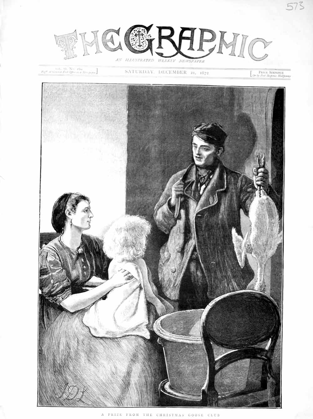 Original Old Antique Print 1872 Christmas Goose Mother Little Girl House Chair
