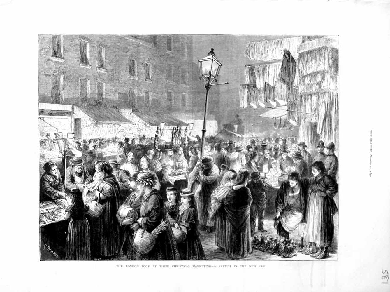 Original Old Antique Print 1872 London Poor People Christmas Sale Market Scene