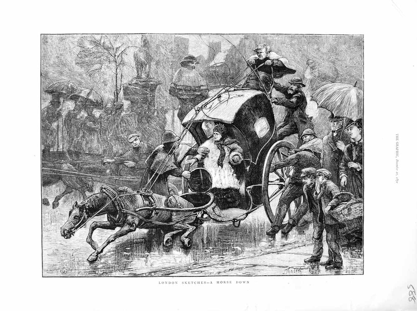 Old Antique Print 1872 London Scene Fallen Horse Carriage Stormy Weather 19th