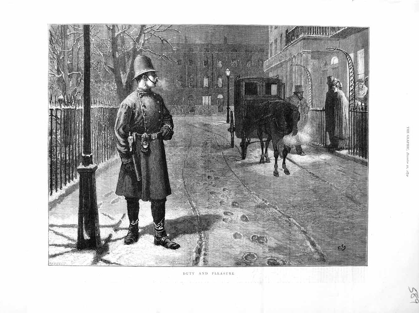 Old Antique Print 1872 Street Scene Policeman Horse Carriage Snow Houses 19th