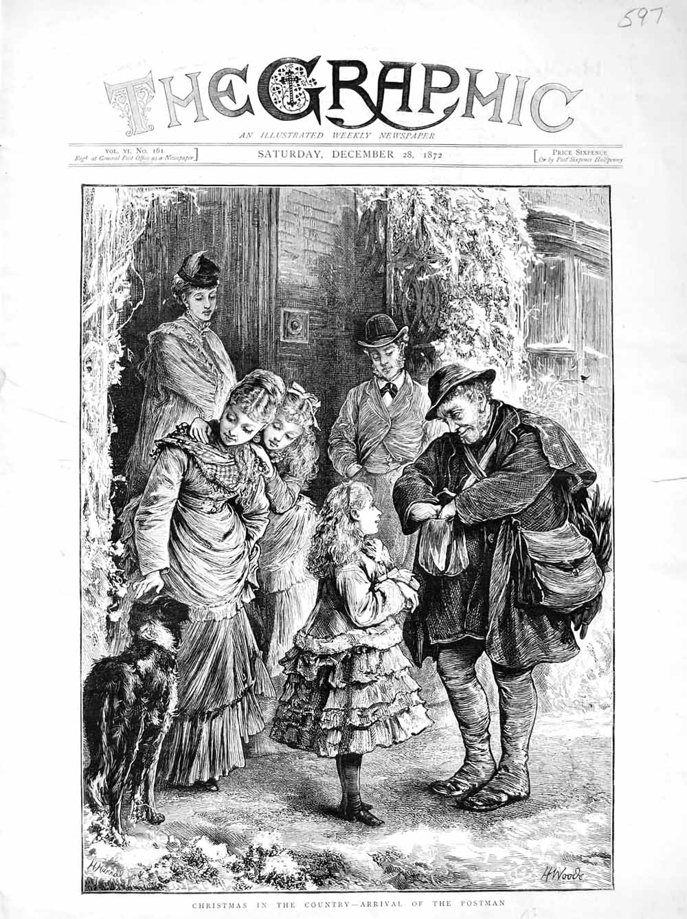 Original Old Antique Print 1872 Country Christmas Postman Country Family Dogs