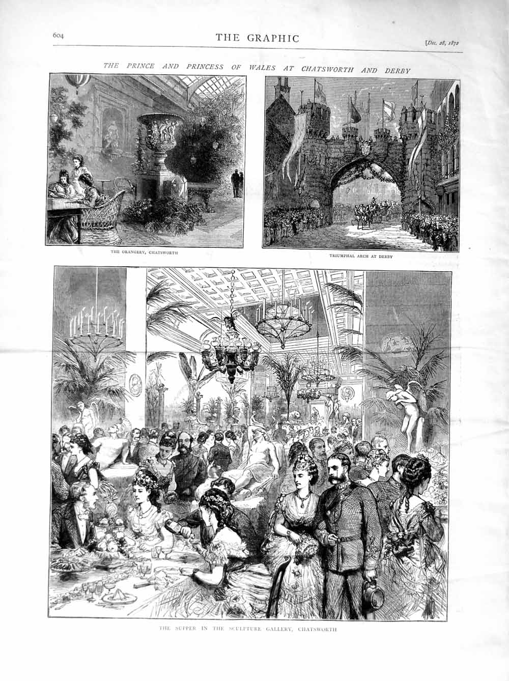 Old Antique Print 1872 Prince Wales Chatsworth Derby Orangery Sculpture 19th