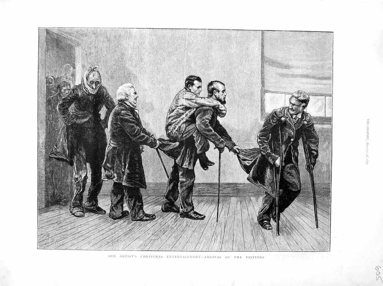Original Old Antique Print 1872 Christmas Entertainment Injured Men Fine Art
