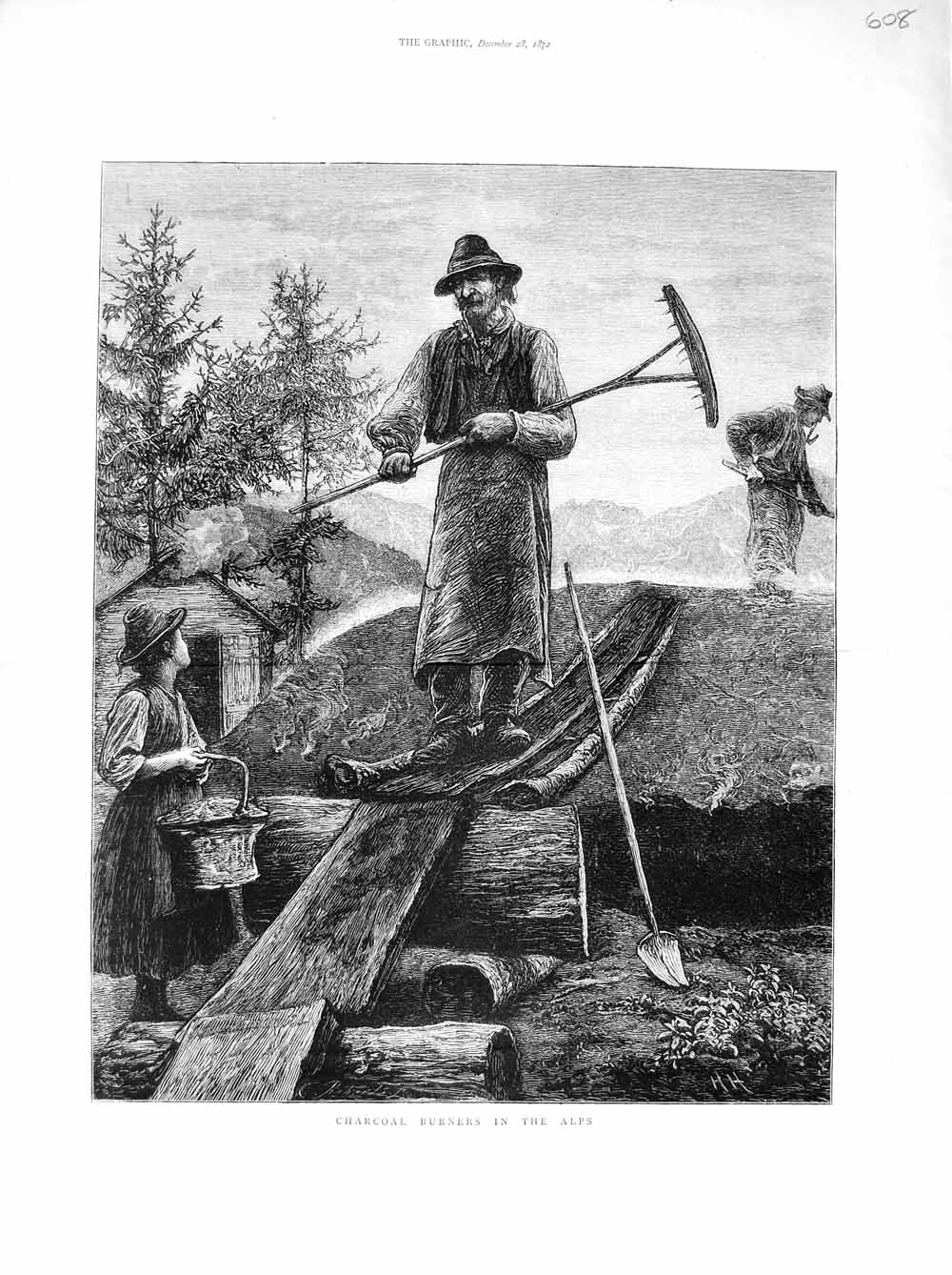 Original Old Antique Print 1872 Scene Charcoal Burners Alps Mountains Country