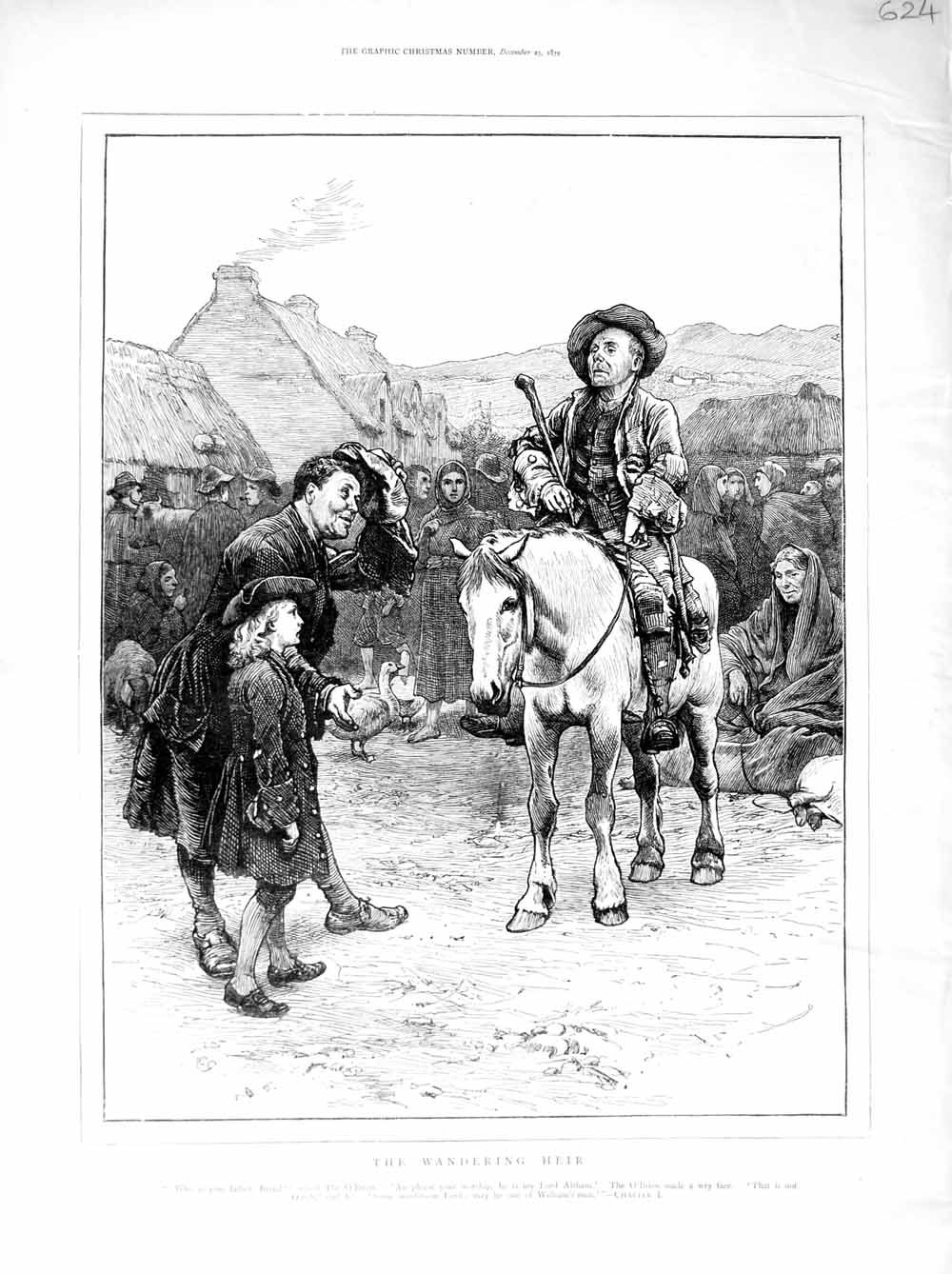 Original Old Antique Print 1872 Illustration Wandering Heir Man Horse Children