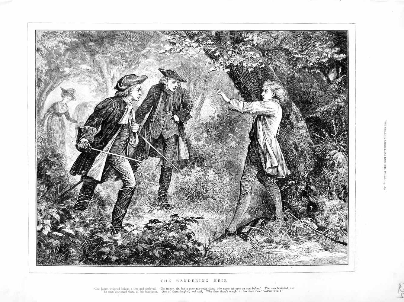 Old Antique Print 1872 Illustration Wandering Heir James Tree Men Swords 19th