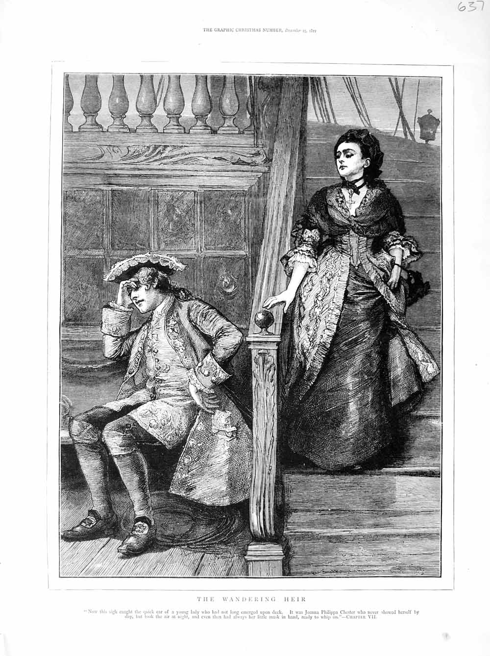 Original Old Antique Print 1872 Illustration Wandering Heir Ship Deck Man Woman