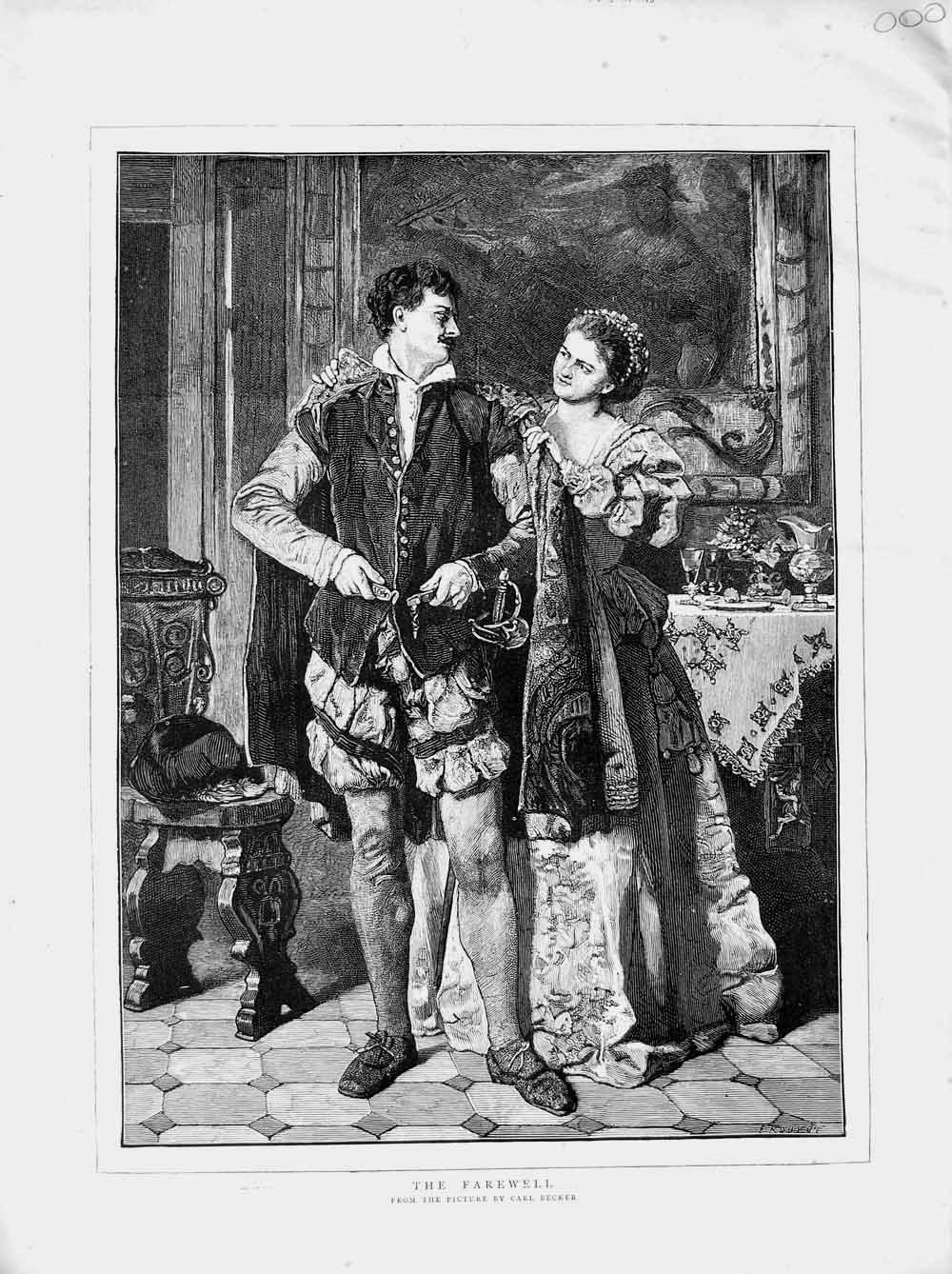 Original Old Antique Print 1873 Carl Becker Fine Art Lady Man Farewell Romance
