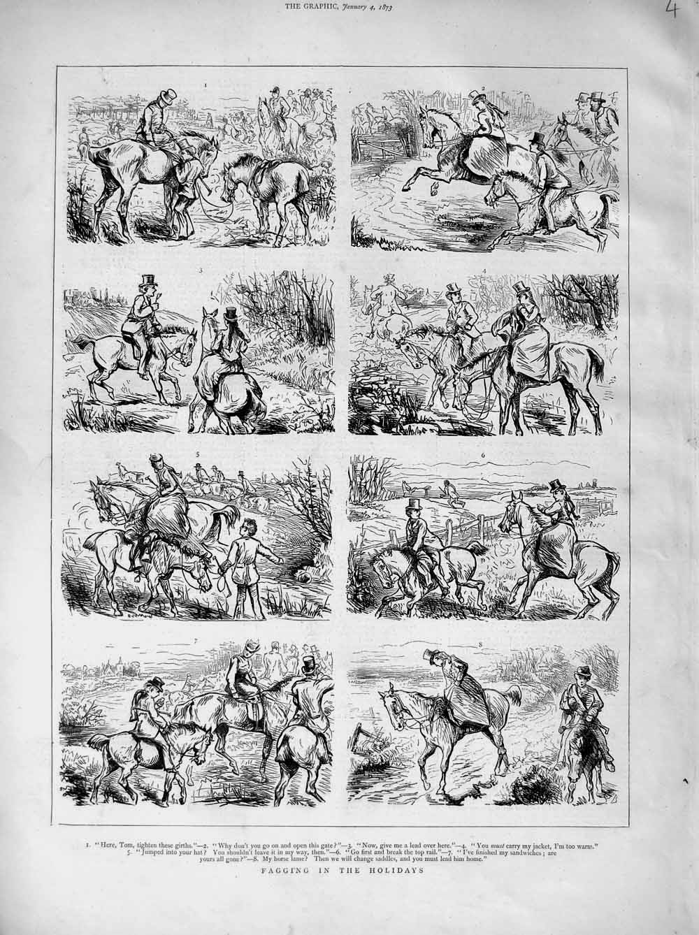 Original Old Antique Print 1873 Fagging Holiday Hunting Sport Horses Country