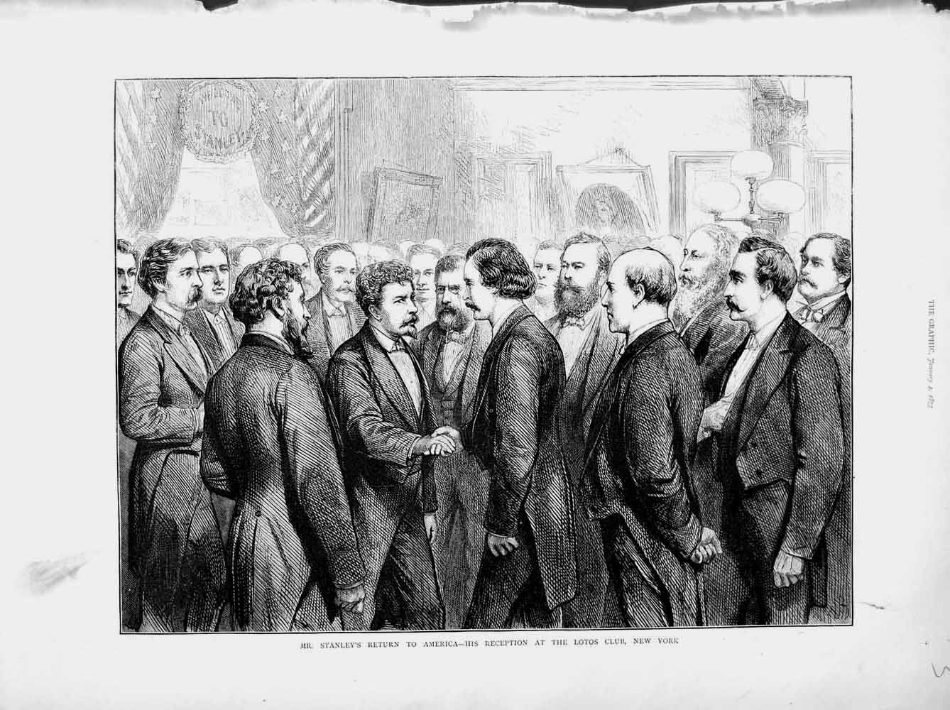 Old Antique Print 1873 Mr. Stanley America Reception Lotos Club New York 19th