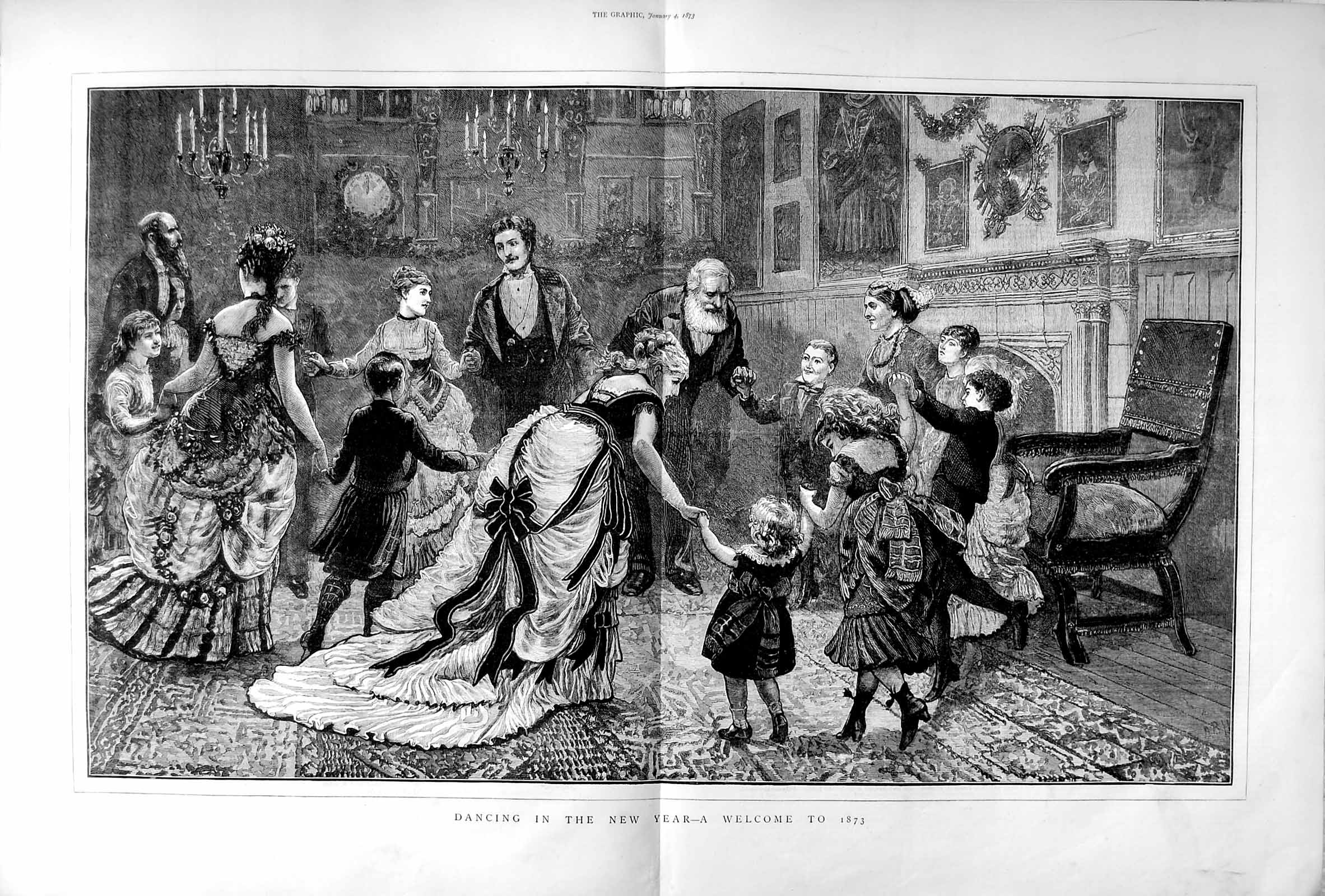 Old Antique Print 1873 Dancing New Year Party Children Men Women House 0 19th
