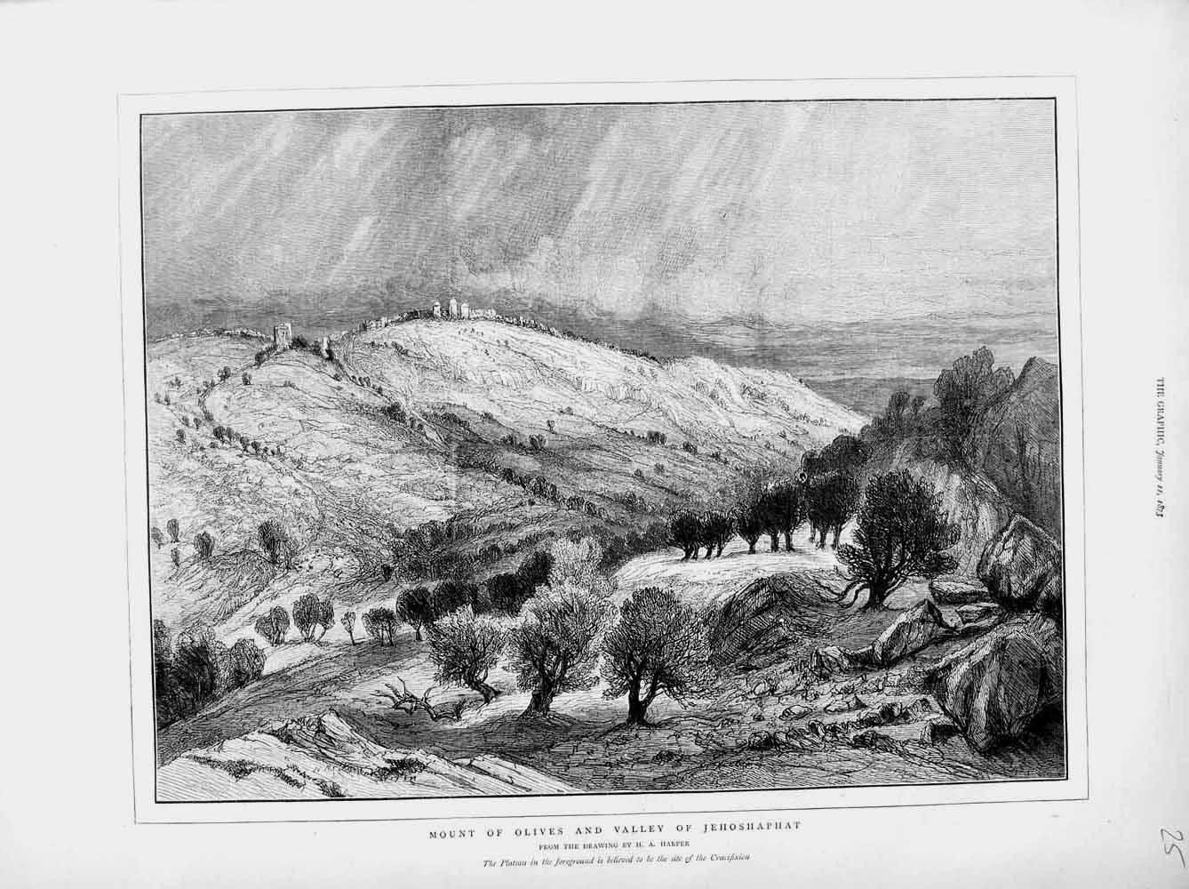 Old Antique Print 1873 Mount Olives Valley Jehoshaphat Country Landscape 19th