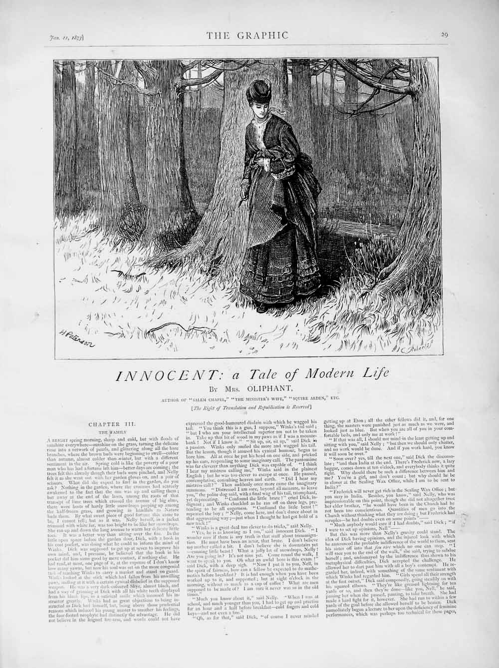 Original Old Antique Print 1873 Illustration Story Innocent Lady Country Trees