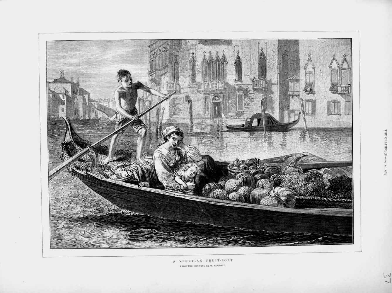 Original Old Antique Print 1873 Canal Boat Venetian Fruit-Boat Italy Goodall