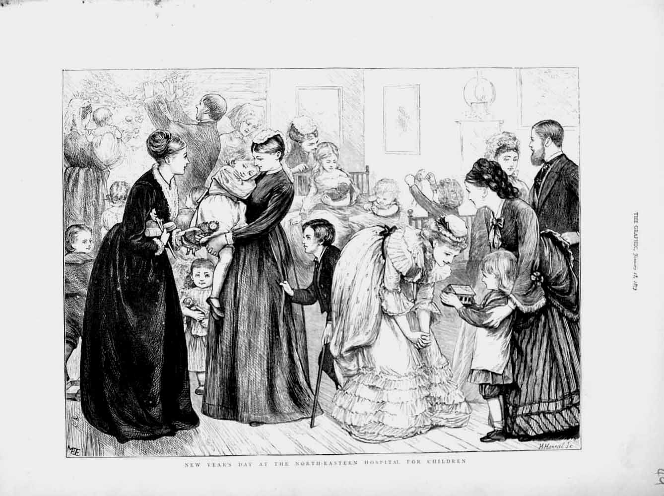 Original Old Antique Print 1873 New Year'S Day North-Eastern Hospital Children