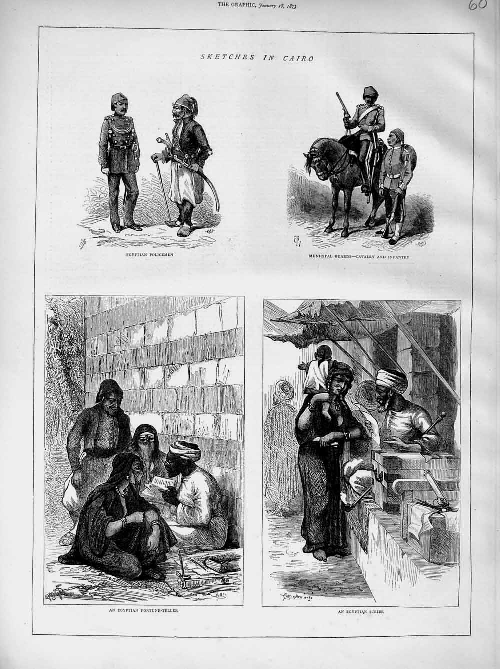 Original Old Antique Print 1873 Cairo Egyptian Policemen Guards Fortune Telling