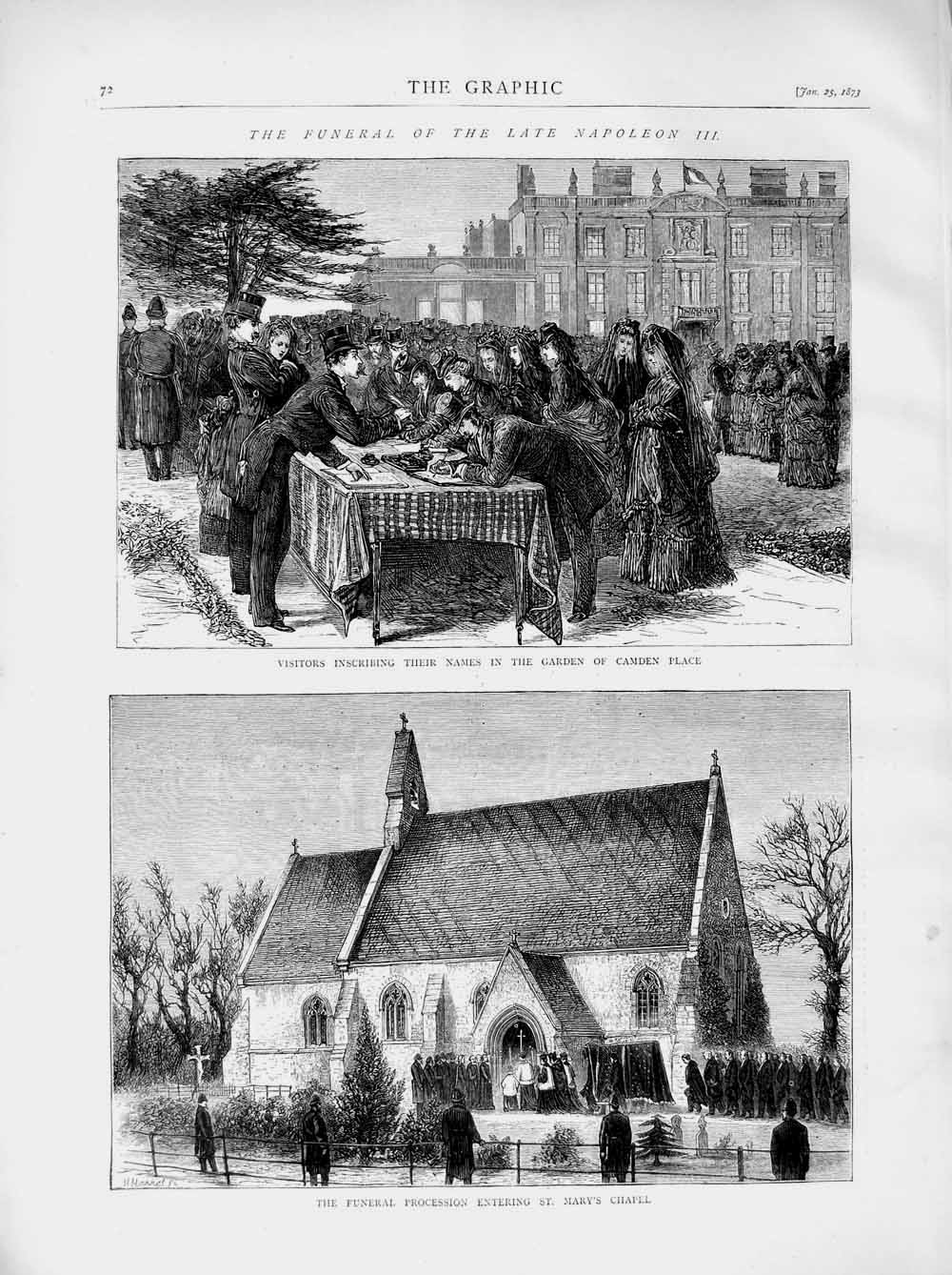 Original Old Antique Print 1873 Funeral Napoleon St. Mary'S Chapel Camden Place