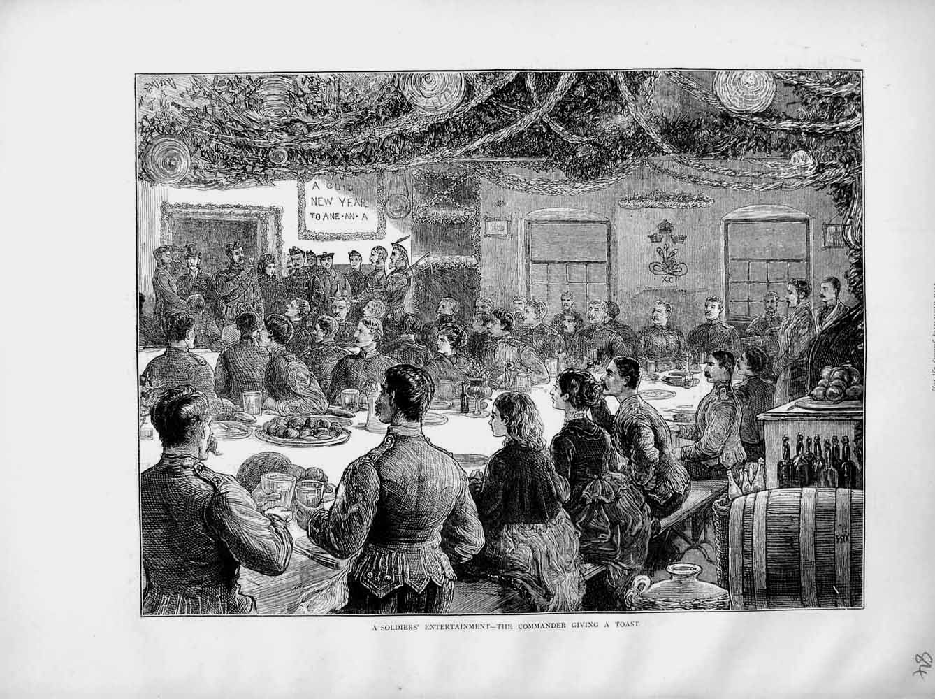 Original Old Antique Print 1873 War Siers Entertainment Commander Toast Men