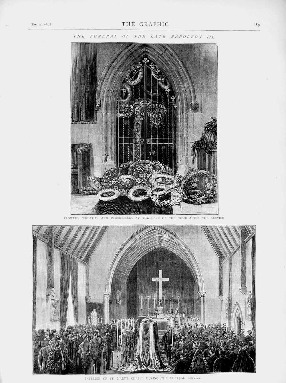 Original Old Antique Print 1873 Funeral Napoleon St. Mary'S Chapel Gate Tomb