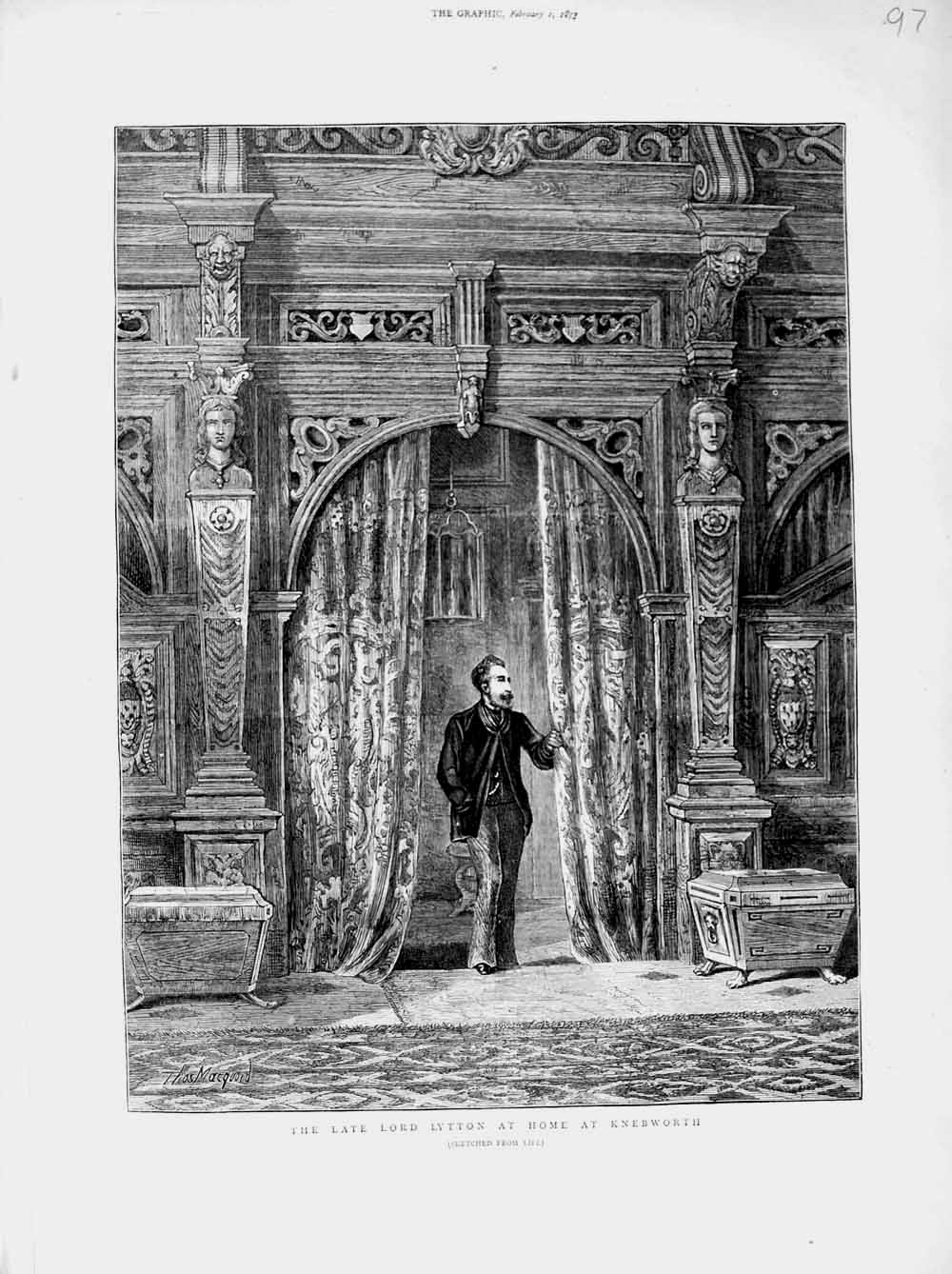 Original Old Antique Print 1873 Lord Lytton Home Knebworth Man 19th