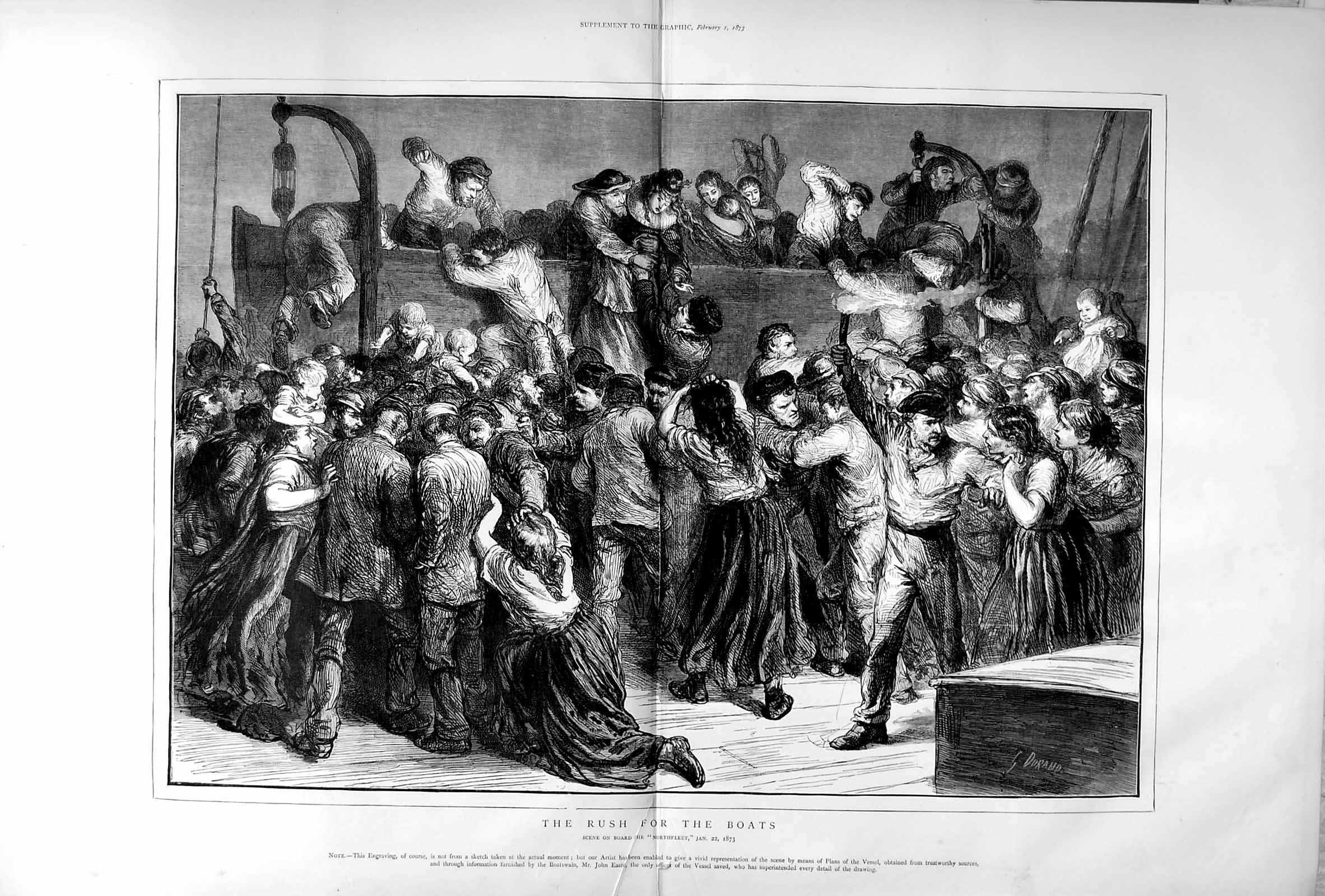 Original Old Antique Print 1873 Scene Northfleet Ship Wreck Crew Life-Boat