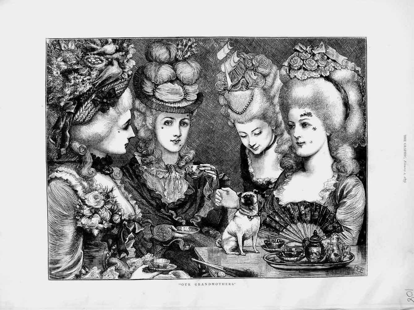 Original Old Antique Print 1873 Little Puppy Dog Beautiful Ladies Women 19th