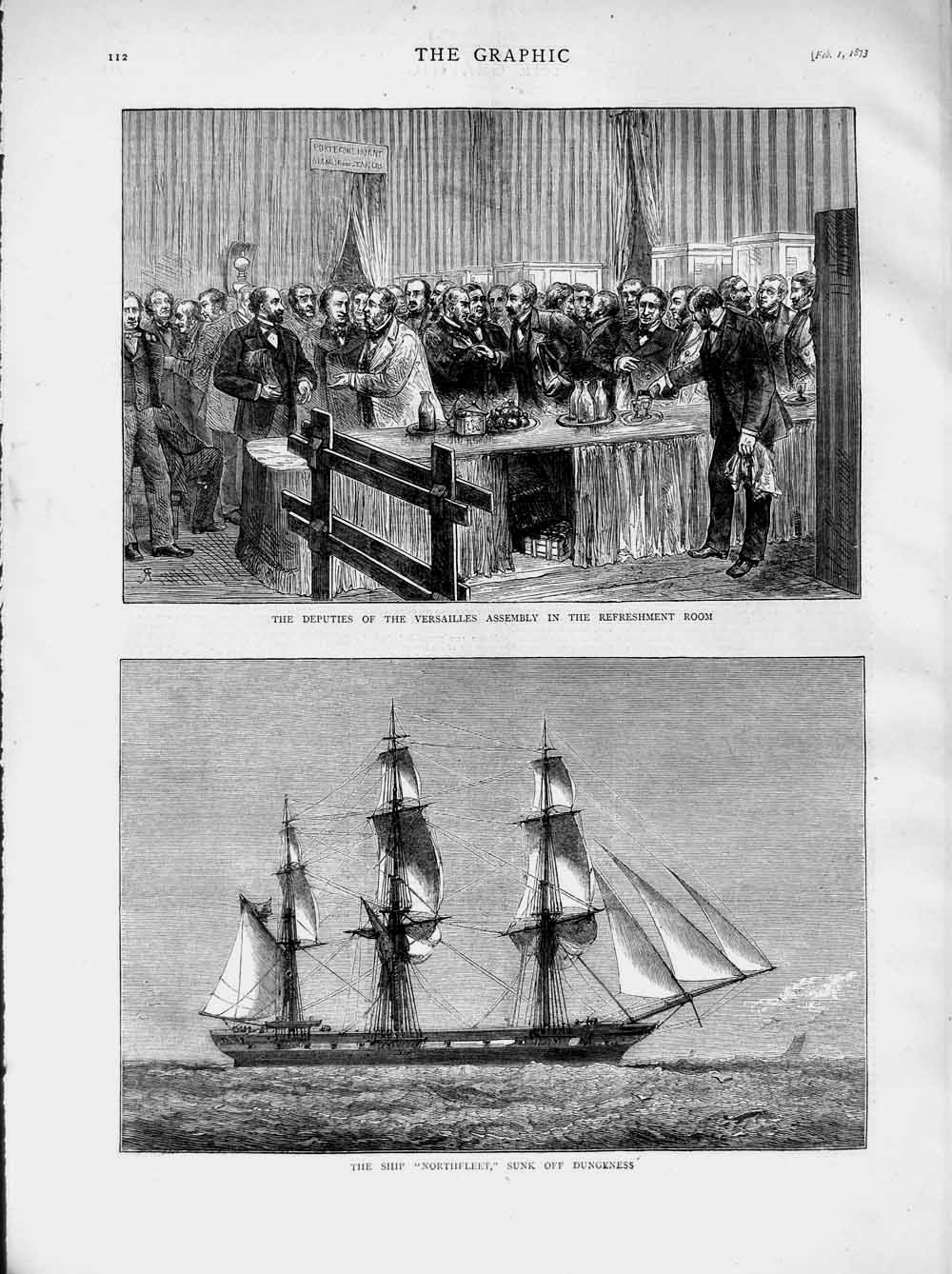 Old Antique Print 1873 Ship Northfleet Dungeness Versailles Assembly Men 19th