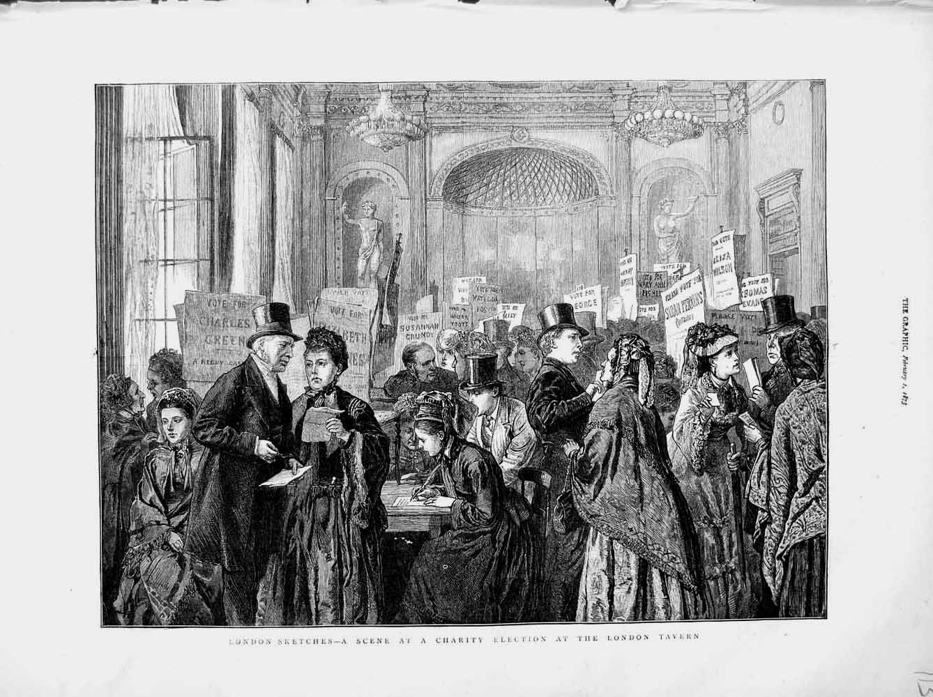 Old Antique Print 1873 Scene Charity Election London Tavern Voting People 19th