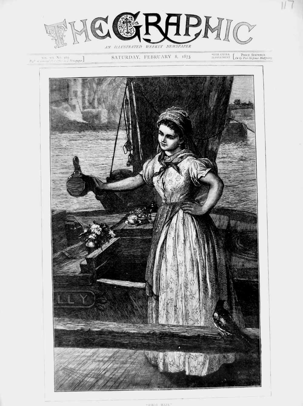 Original Old Antique Print 1873 Fine Art Beautiful Girl Boat Bird Sailing 19th