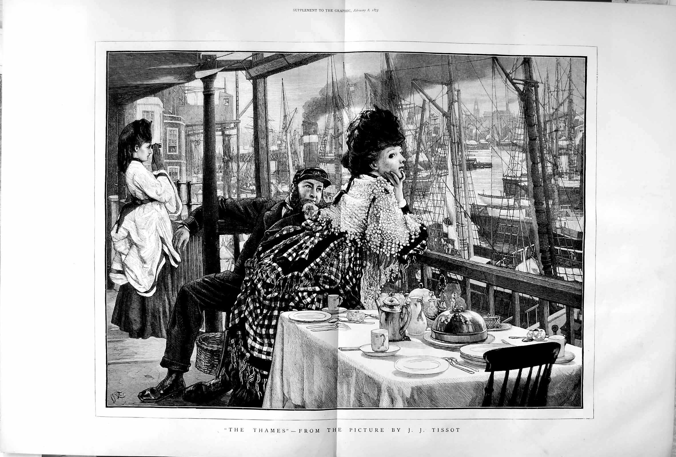 Old Antique Print 1873 Man Ladies River Thames London Ships Dinner Table 19th