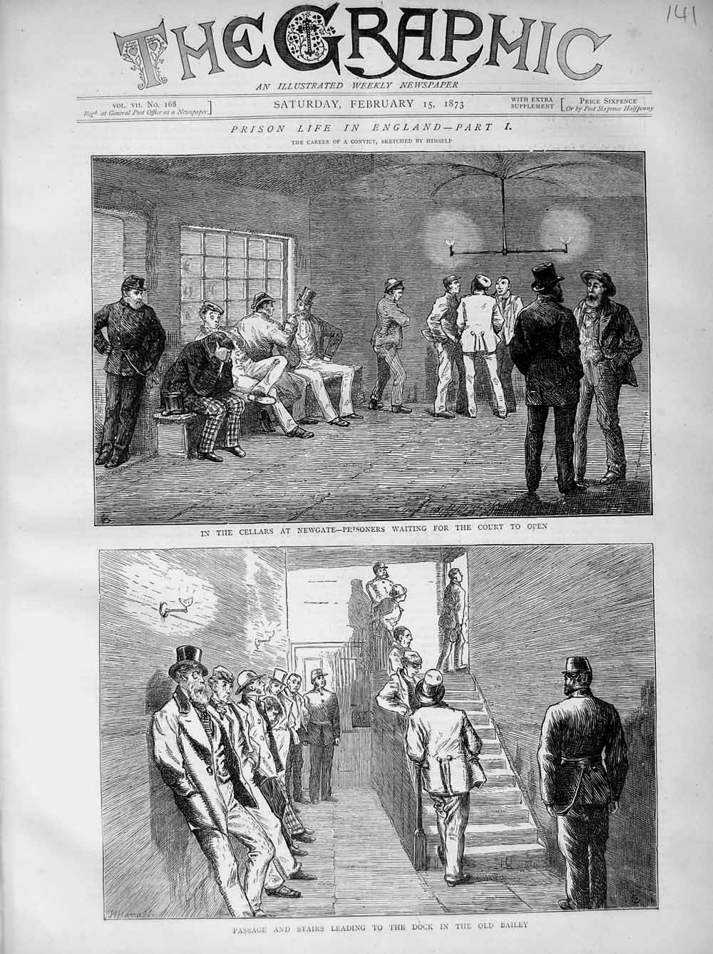 Original Old Antique Print 1873 Cellars Newgate Prison Stairs Dock Bailey Court