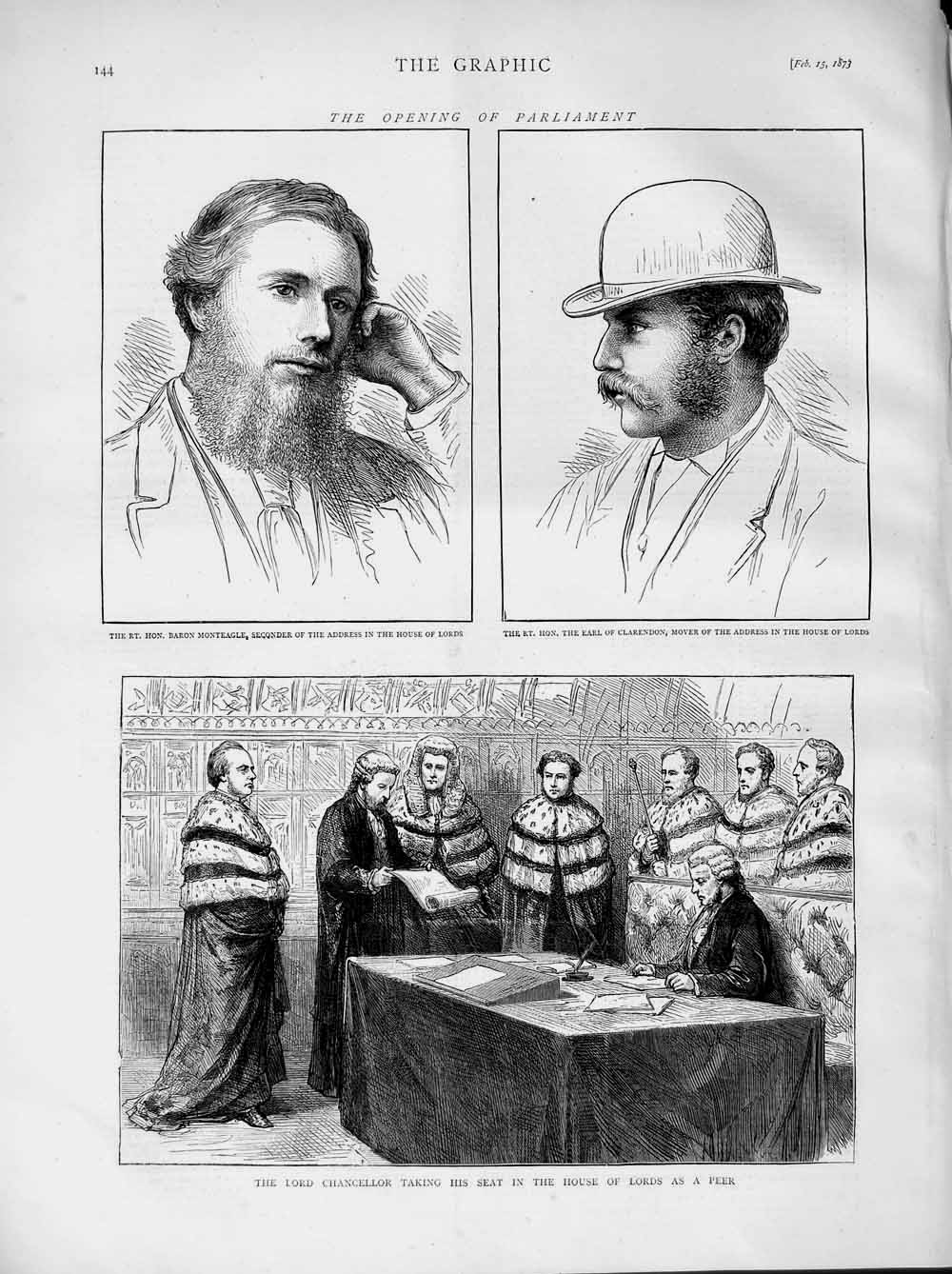 Original Old Antique Print 1873 Parliament Monteagle Clarendon Lord Chancellor