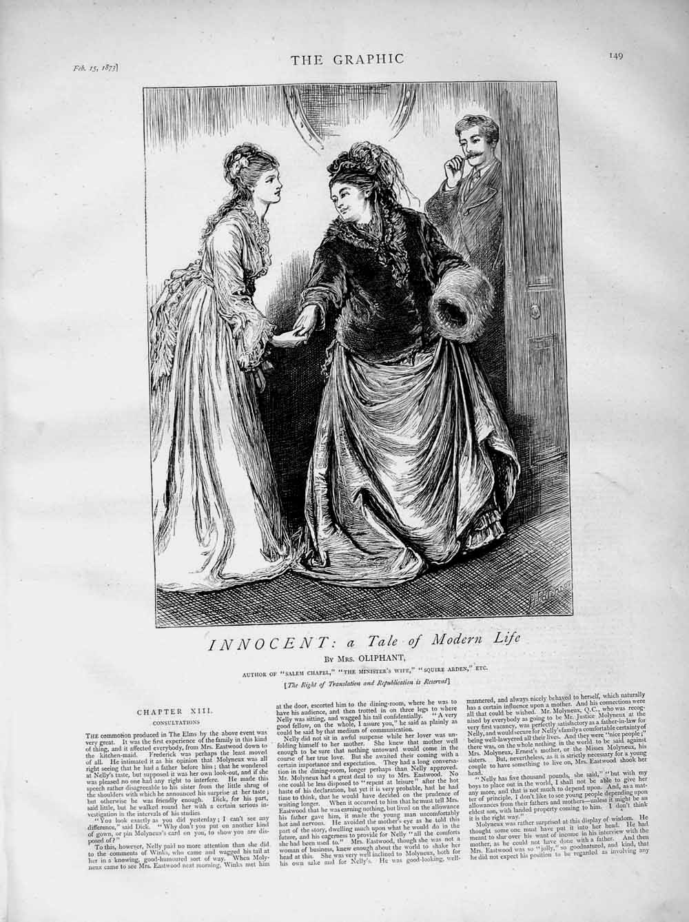 Original Old Antique Print 1873 Illustration Story Innocent Ladies Man Dresses