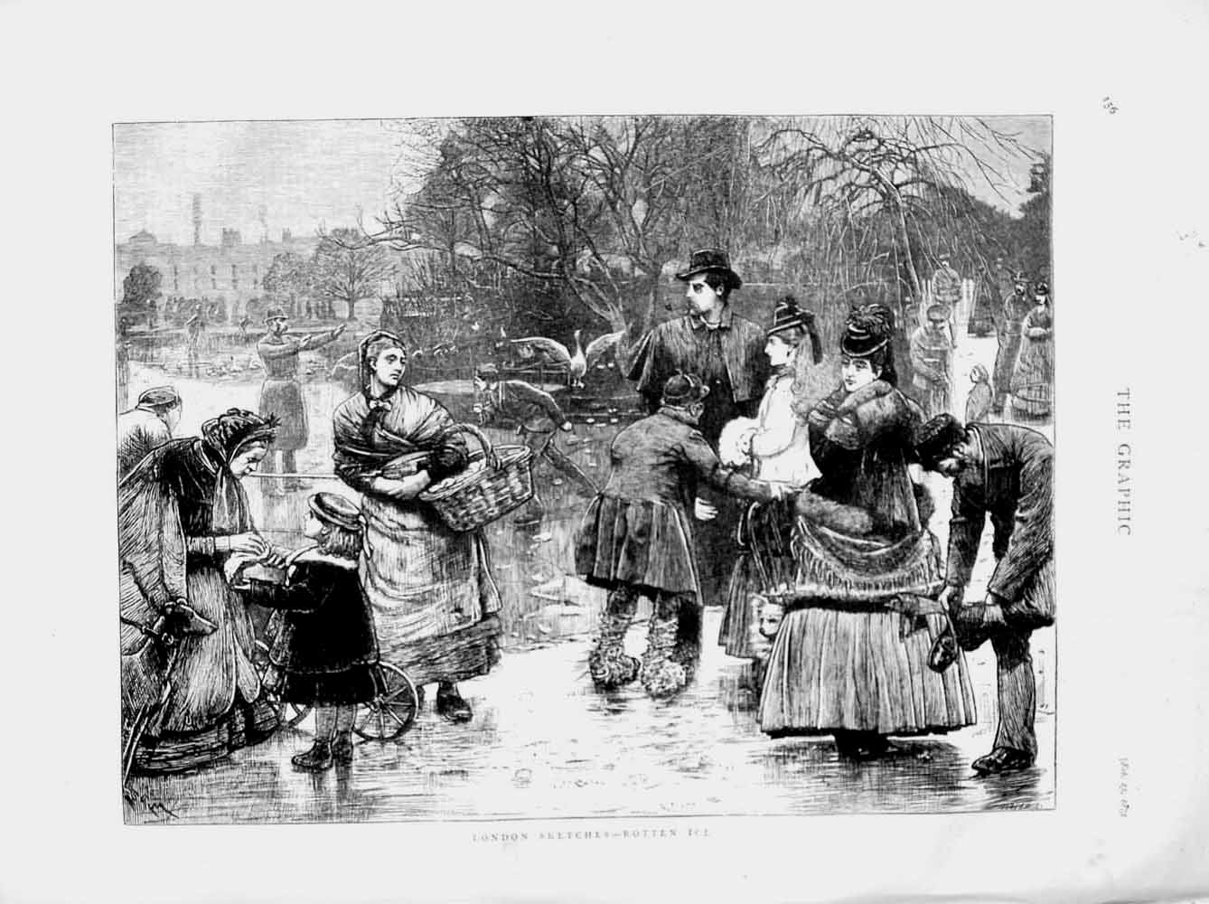 Original Old Antique Print 1873 Scene London Rotten Ice Children Winter Skating