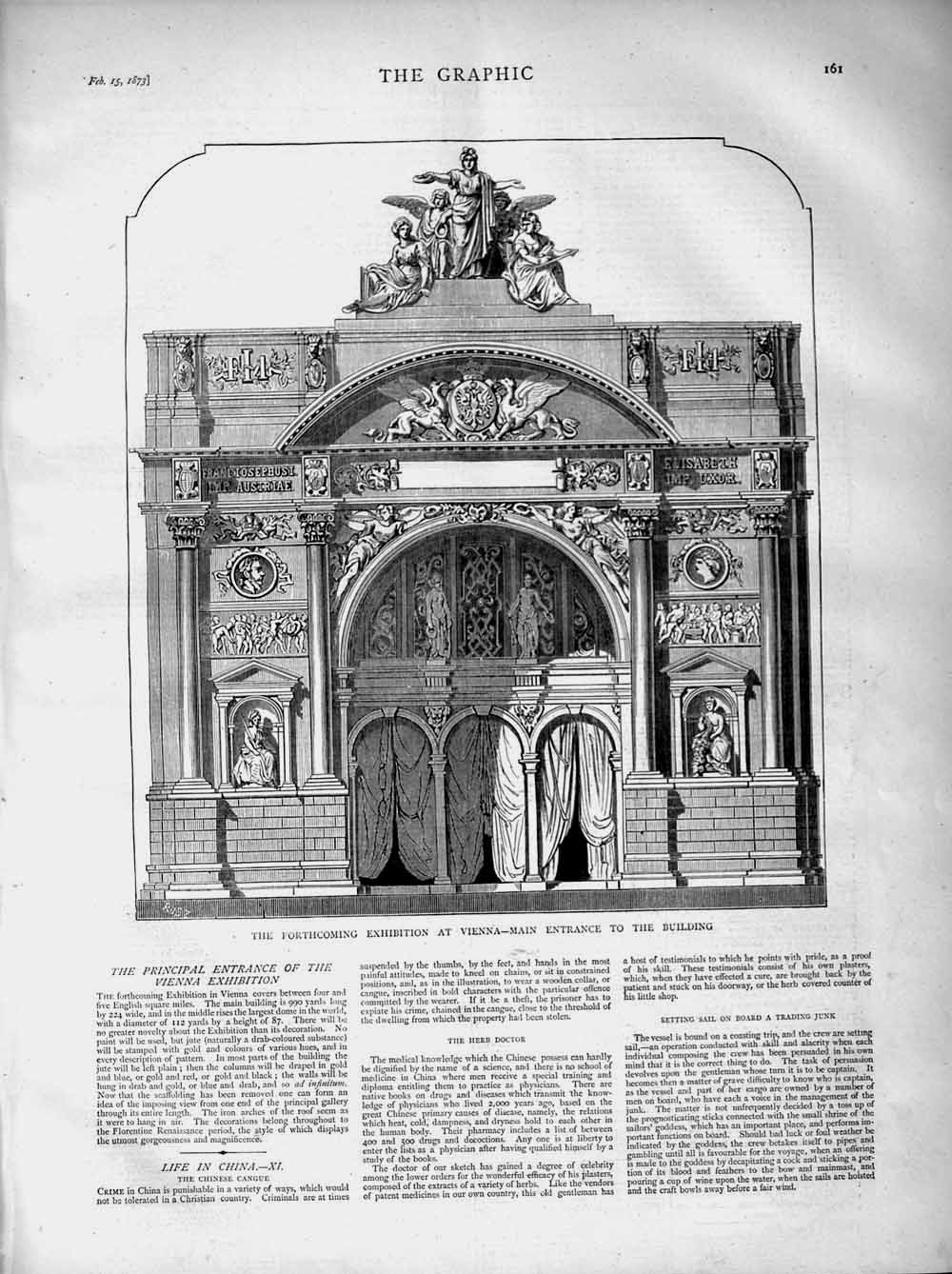 Original Old Antique Print 1873 Exhibition Vienna Building Architecture 19th