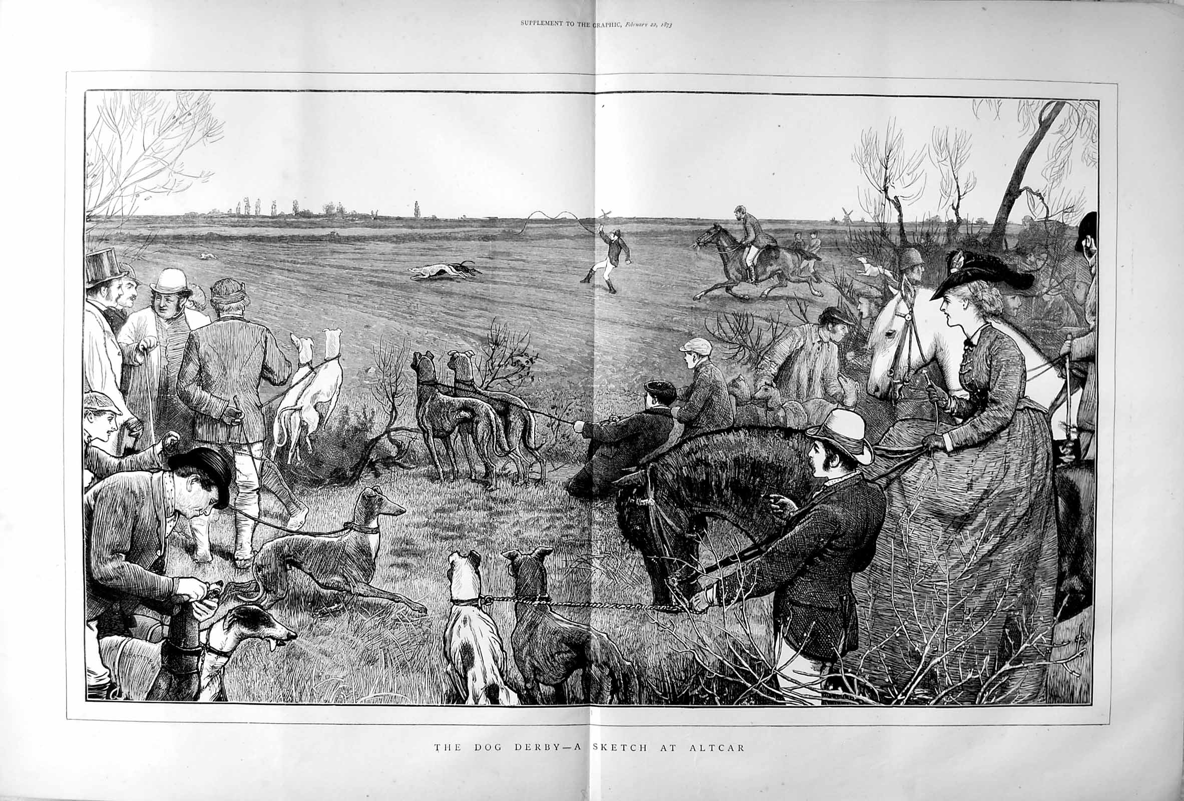 Original Old Antique Print 1873 Dog Derby Altcar Racing Sport Horses Country
