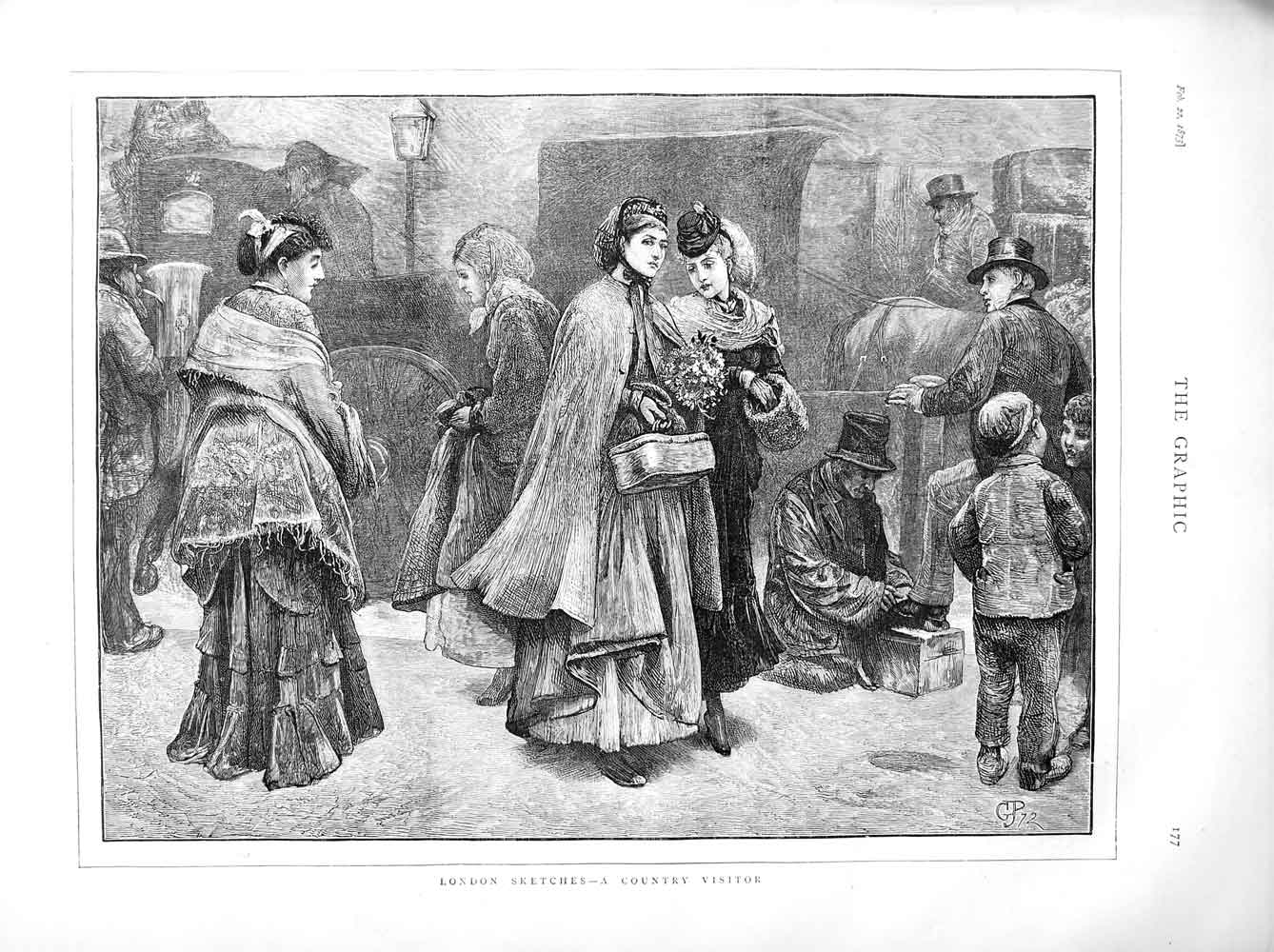 Old Antique Print 1873 Scene London England Horse Coach People Children 19th
