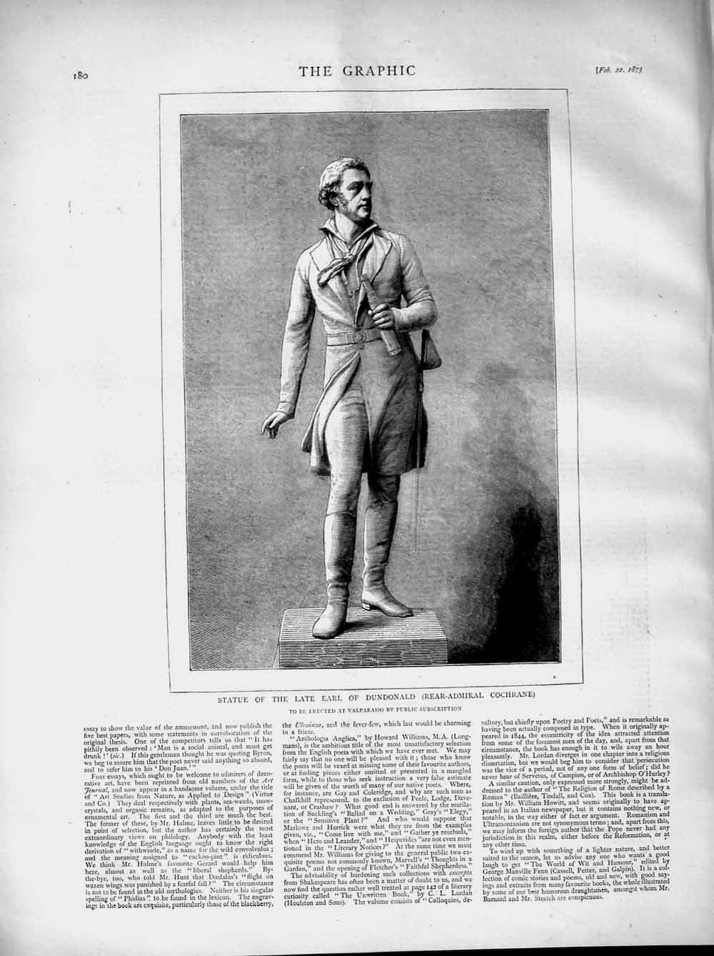 Original Old Antique Print 1873 Statue Earl Dundonald Real-Admiral Cochrane Man