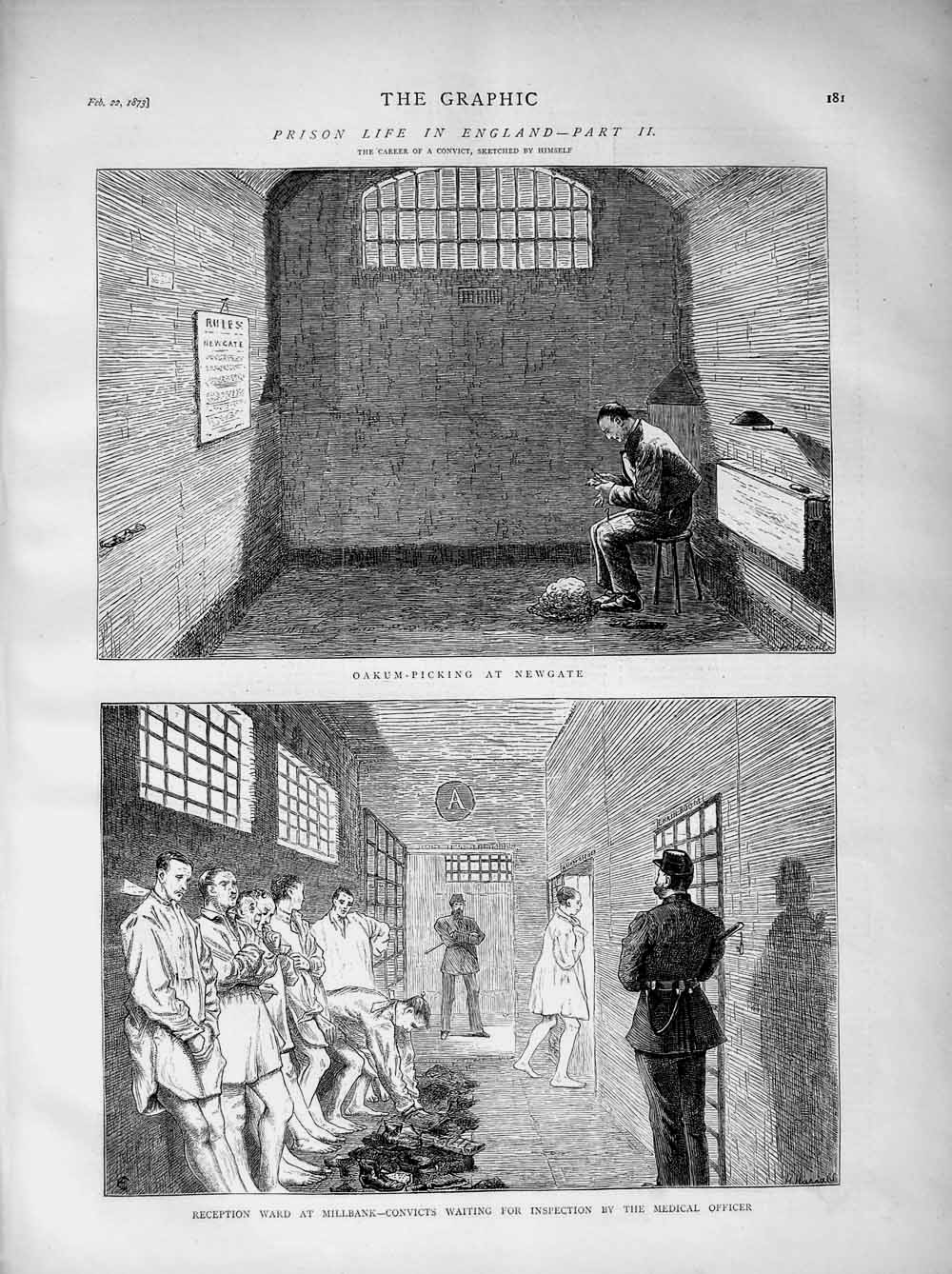Old Antique Print 1873 Prison Life England Oakum Picking Newgate Millbank 19th