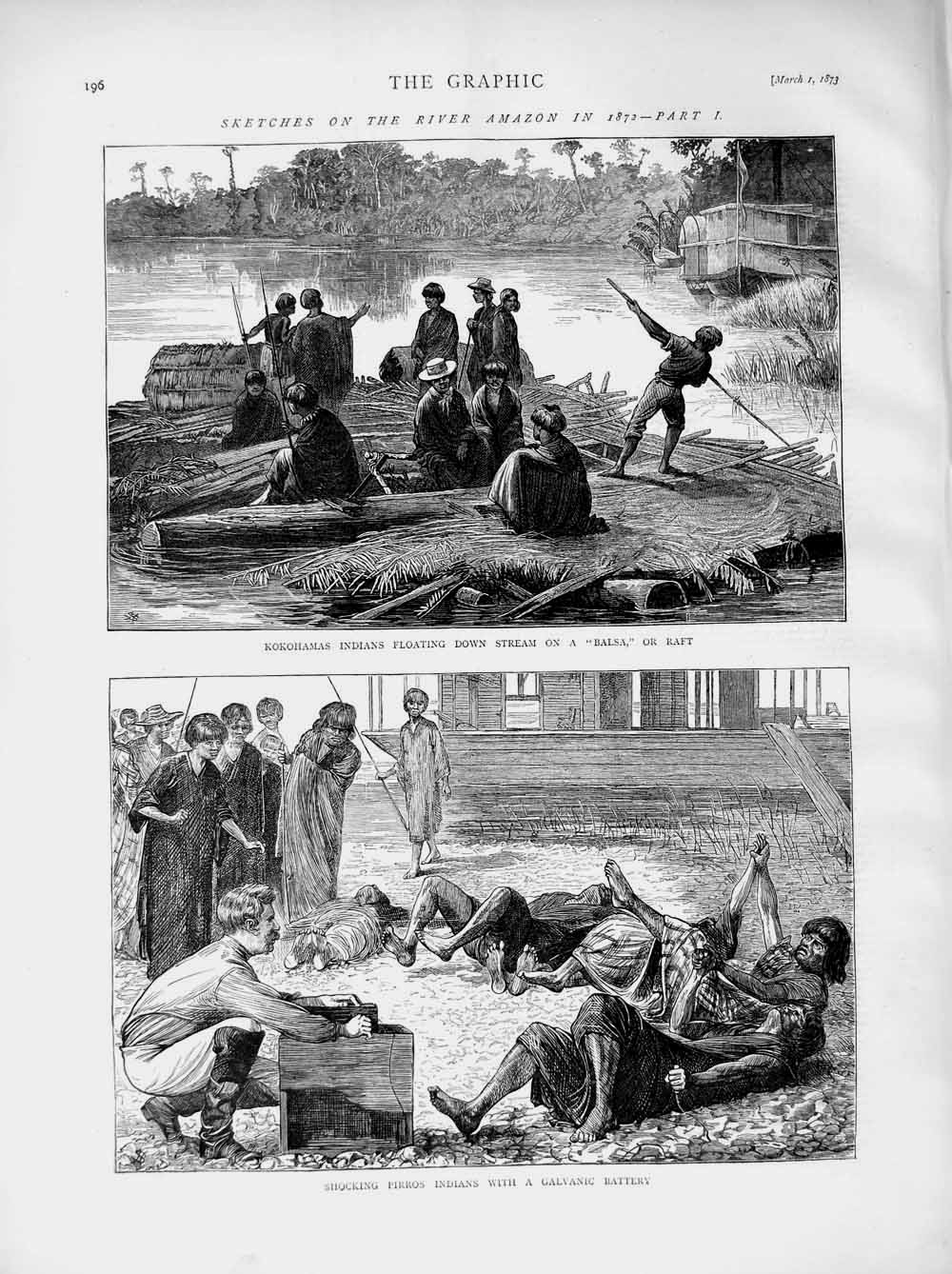 Old Antique Print 1873 River Amazon Kokohamas Indians Raft Pirros Shock 19th