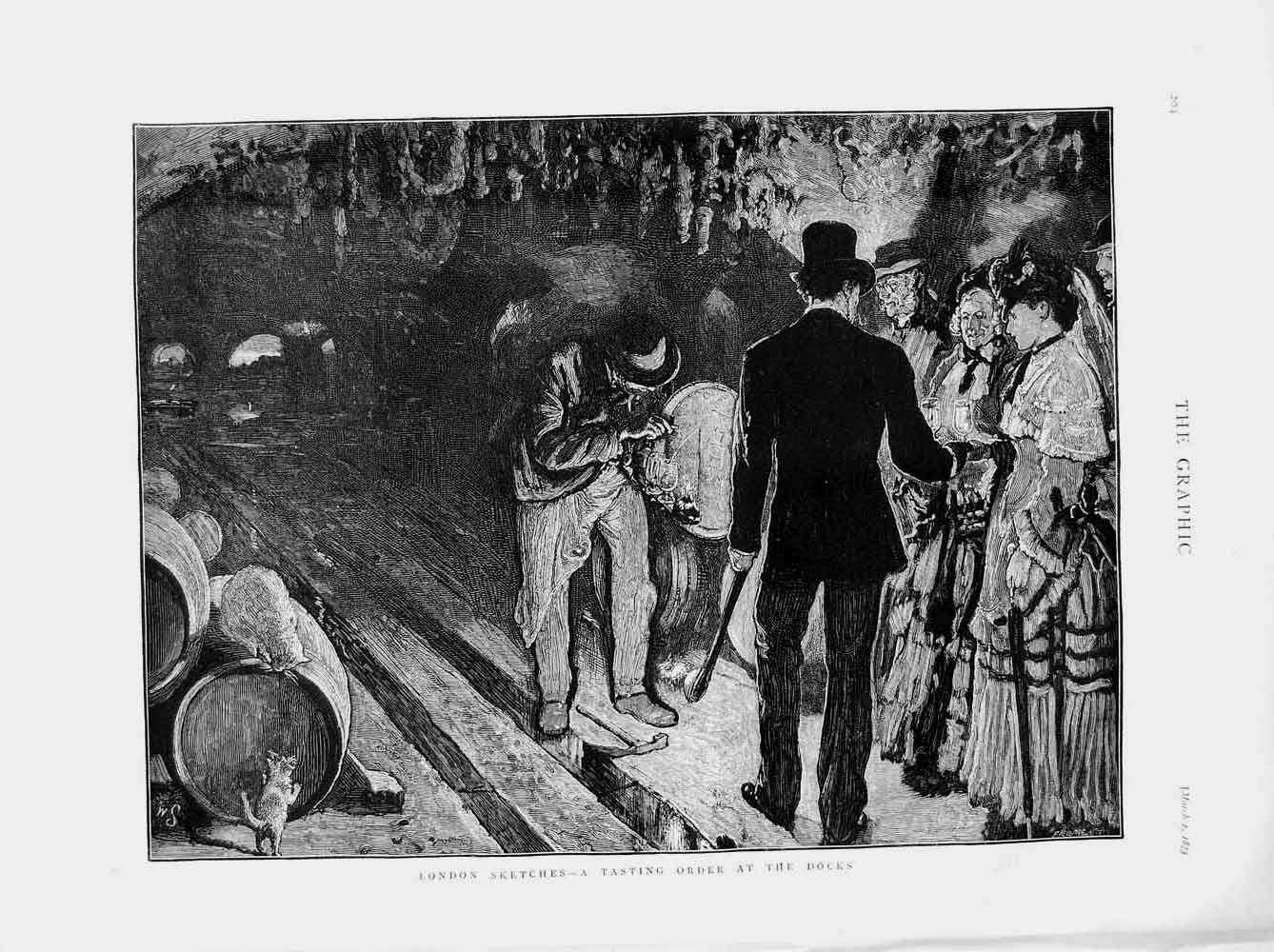 Original Old Antique Print 1873 Scene London Beer Tasting Docks Cats Victorian