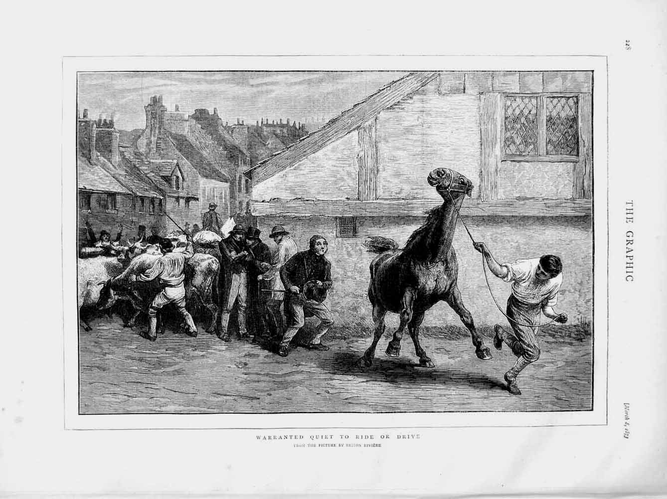 Original Old Antique Print 1873 Briton Riviere Wild Horse Men Cattle Street