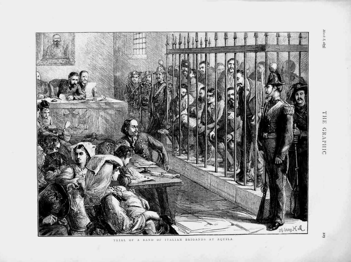 Original Old Antique Print 1873 Court Trial Band Italian Brigands Aquila Men