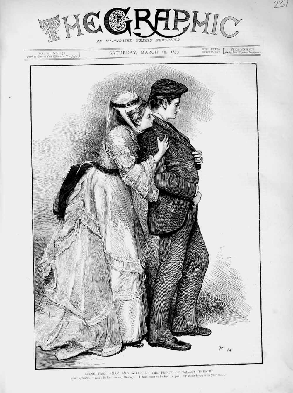 Old Antique Print 1873 Scene Man Wife Prince Wales Theatre Anne Sylvester 19th