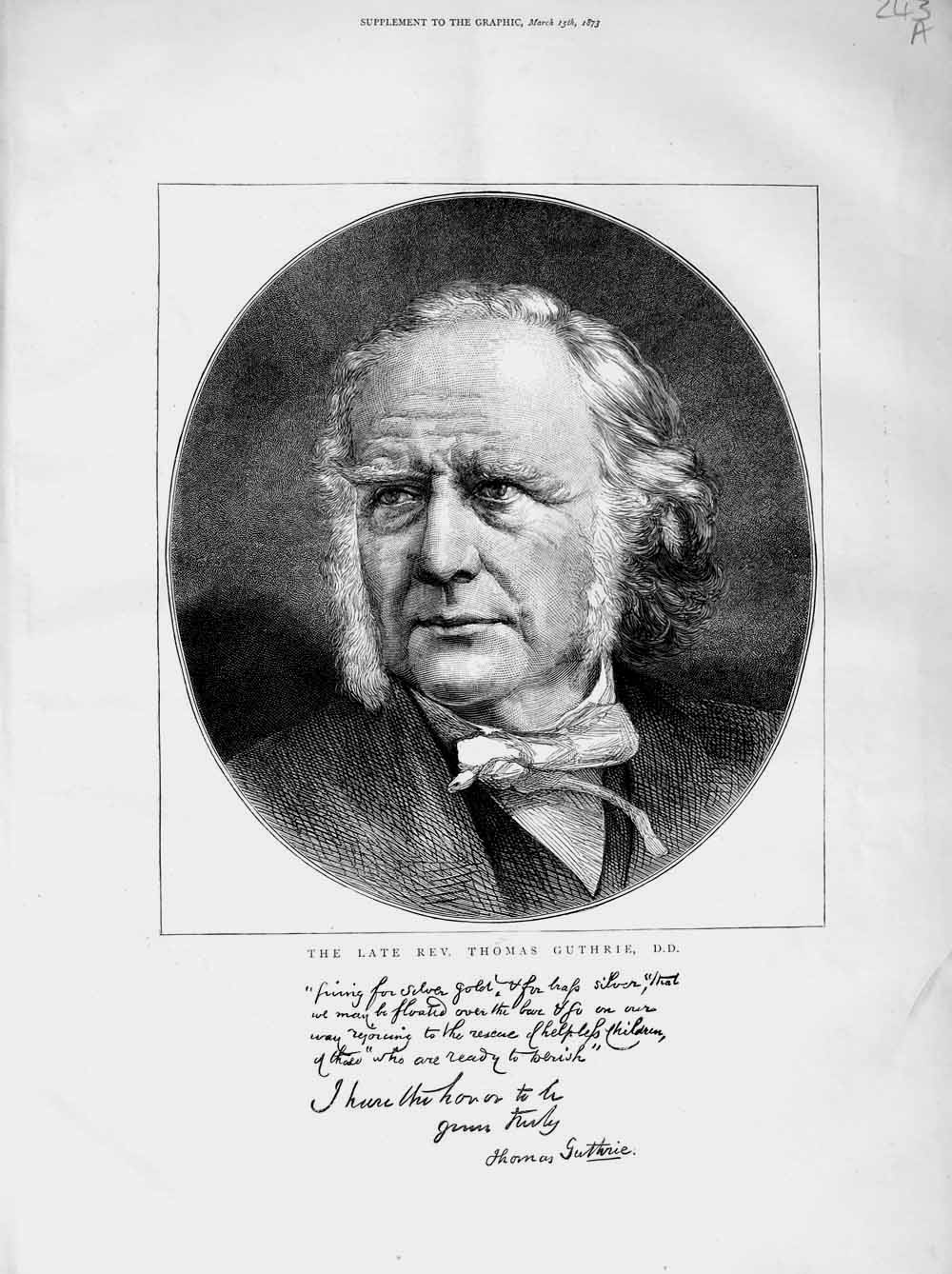 Original Old Antique Print 1873 Portrait Rev. Thomas Guthrie ManVictorian
