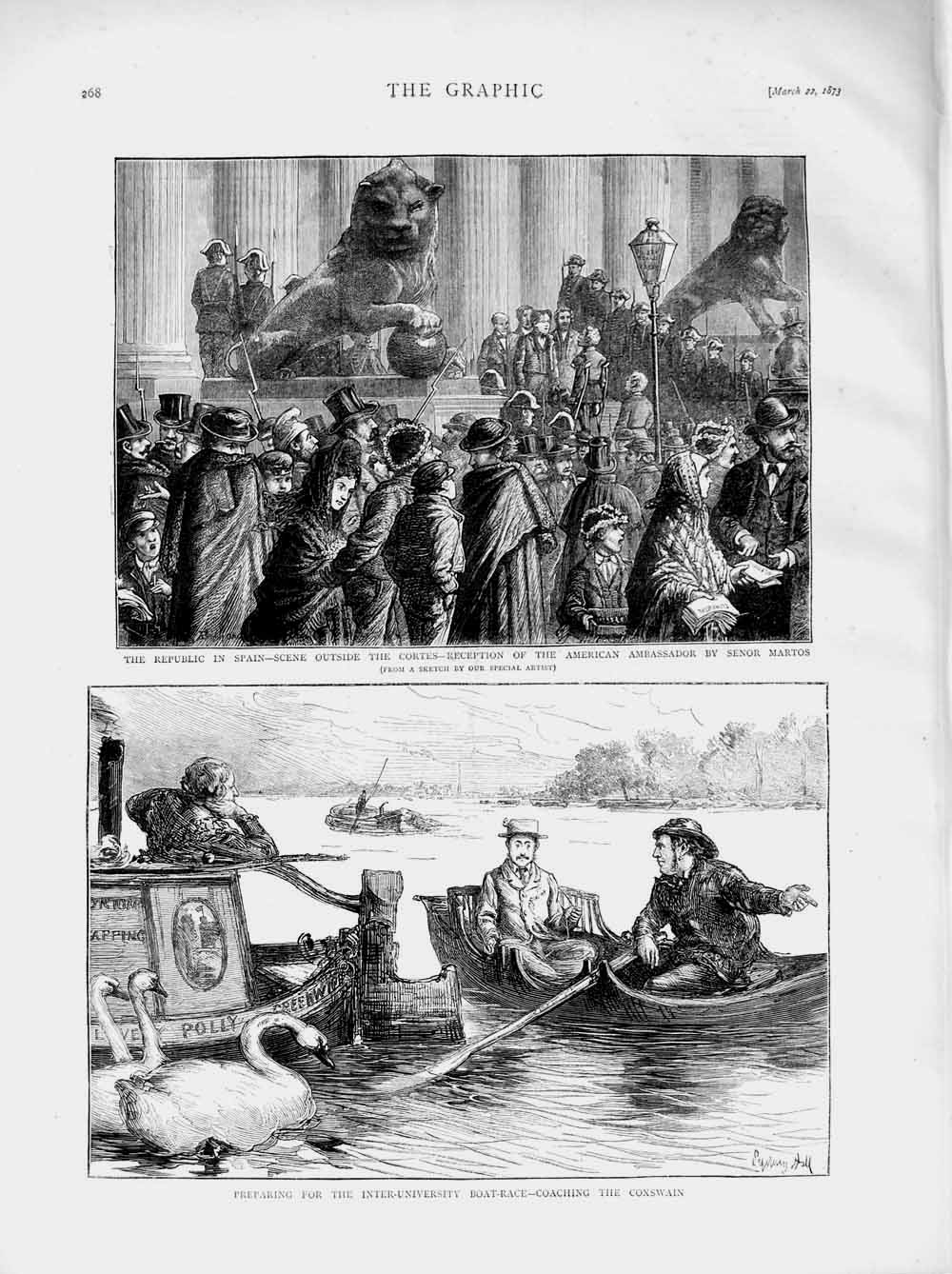 Antique Old Print *3049 1873 Spain Cortes Senor Martos University Boat Race