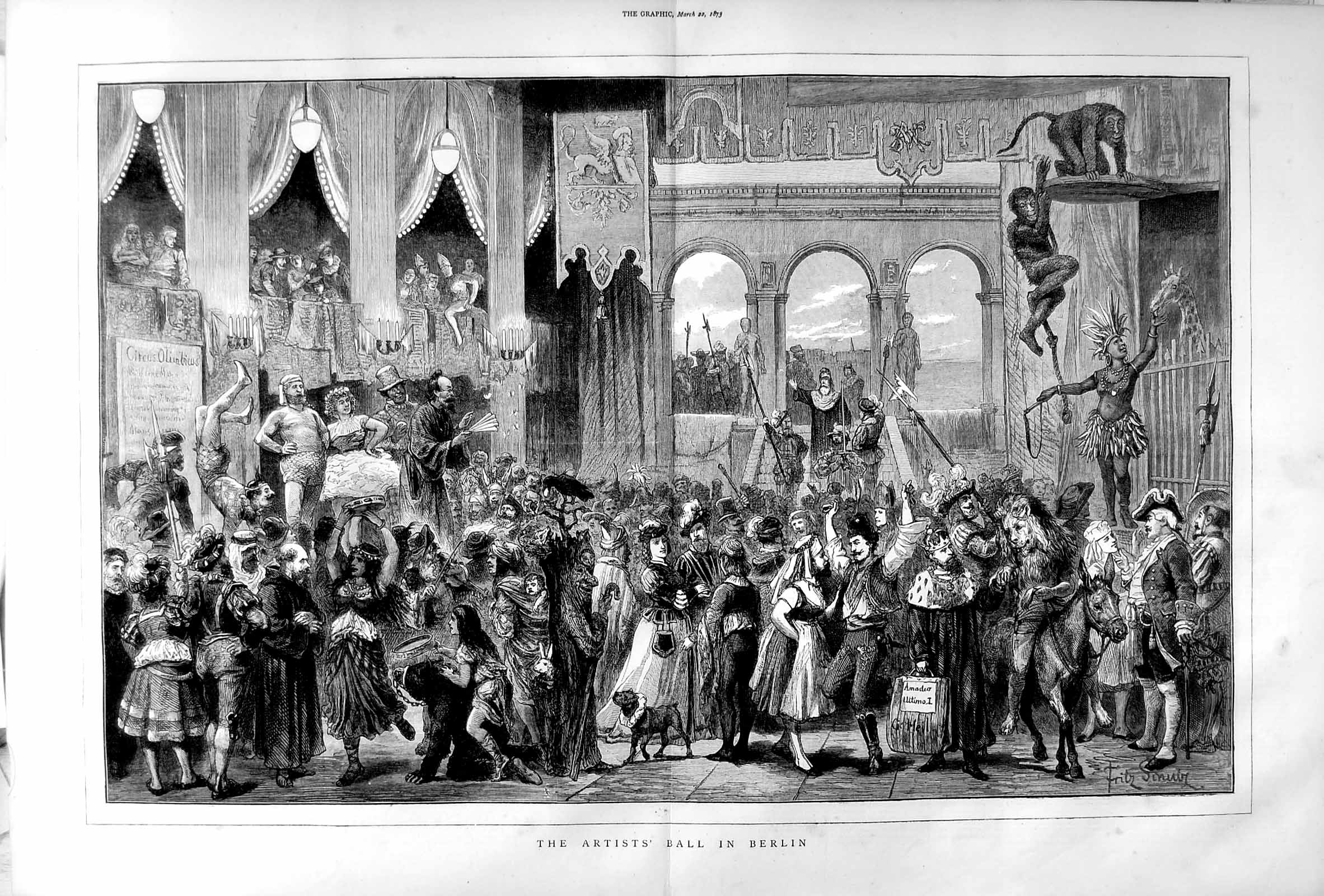 Original Old Antique Print 1873 Artists Ball Berlin Germany Dancing Costumes